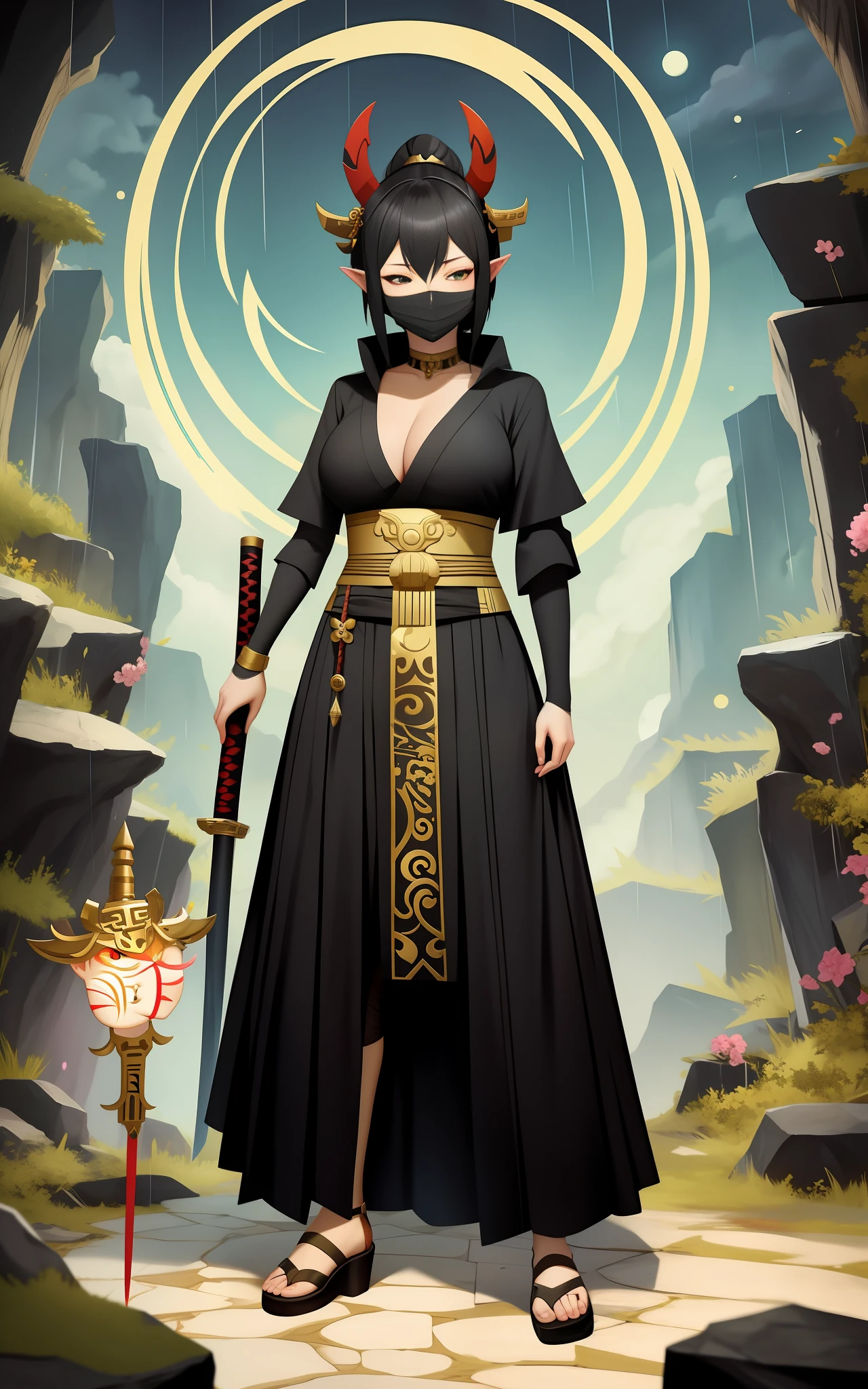 full body, Standing, Princess Zelda as Shinobi, costume all black with gold stripes, she has large breasts, (short black hair), ((wearing Oni mask on her face)), cut scar over right eye, (green eyes), a katana attached to her waist, blood all over her clothes, In a macabre ancient temple with a very heavy rain with a full moon in the sky, Anime, masterpiece, 16k, award winning, best quality, high details, UHD, masterpiece, anatomically correct