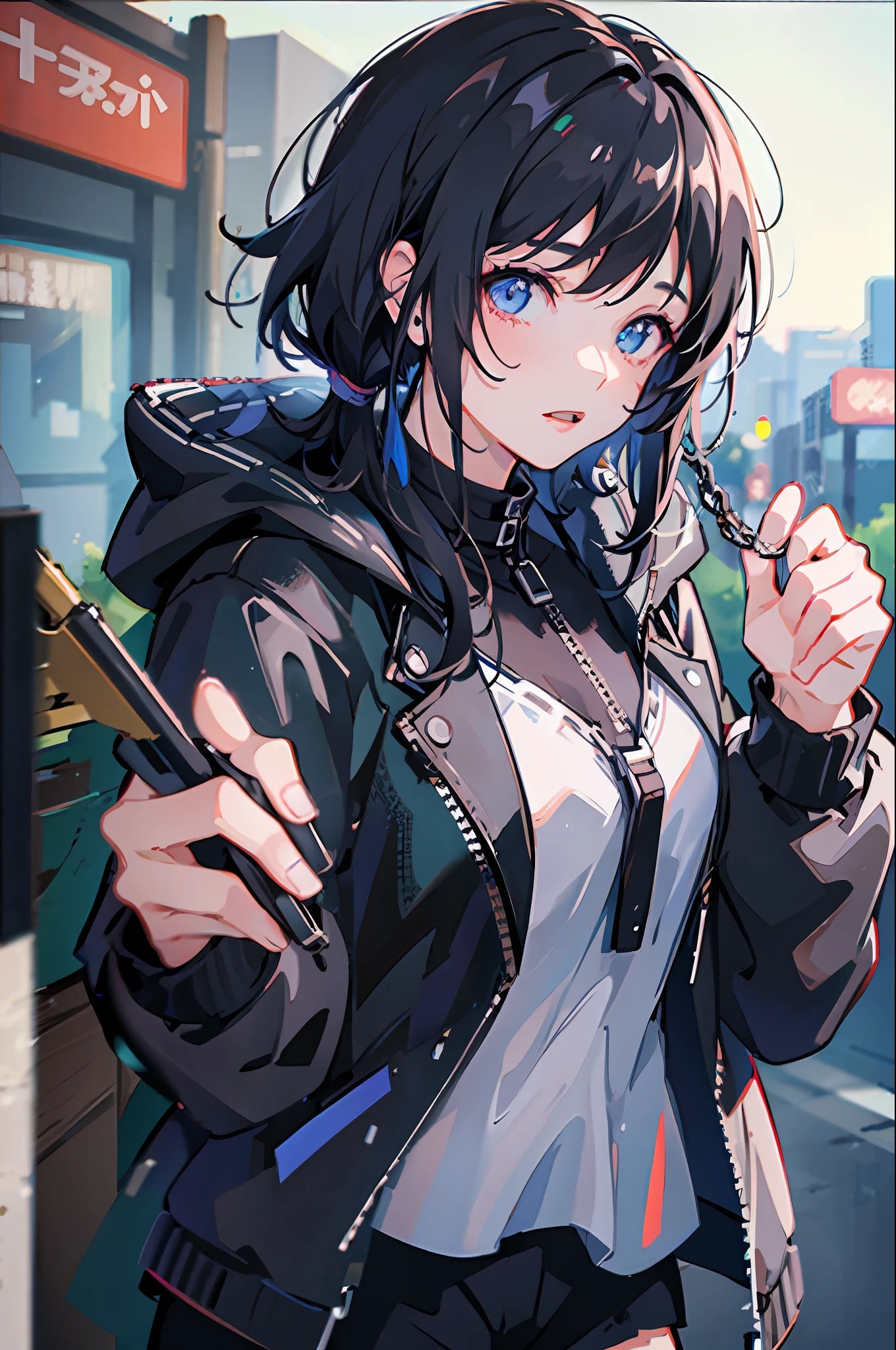 1girl, jacket, rain, outdoor, hoodie, open jacket, chain, backpack, looking at another, messy hair, trending on artstation, 8k resolution, highly detailed, anatomically correct, sharp image, digital painting, concept art, trending on pixiv, style of makoto shinkai,