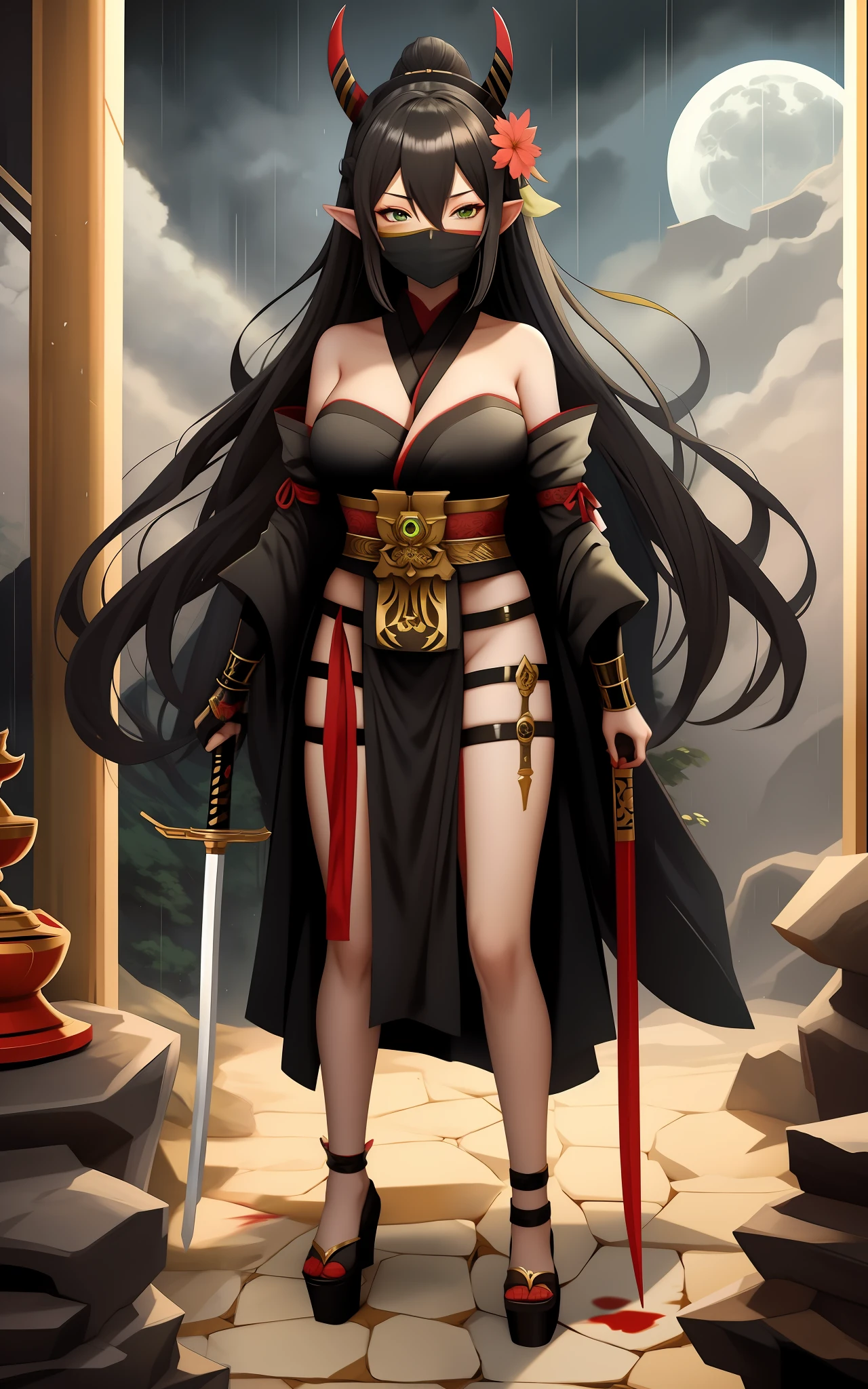 full body, Standing, Princess Zelda as Shinobi, costume all black with gold stripes, she has large breasts, (short black hair), ((wearing Oni mask on her face)), cut scar over right eye, (green eyes), a katana attached to her waist, blood all over her clothes, In a macabre ancient temple with a very heavy rain with a full moon in the sky, Anime, masterpiece, 16k, award winning, best quality, high details, UHD, masterpiece, anatomically correct