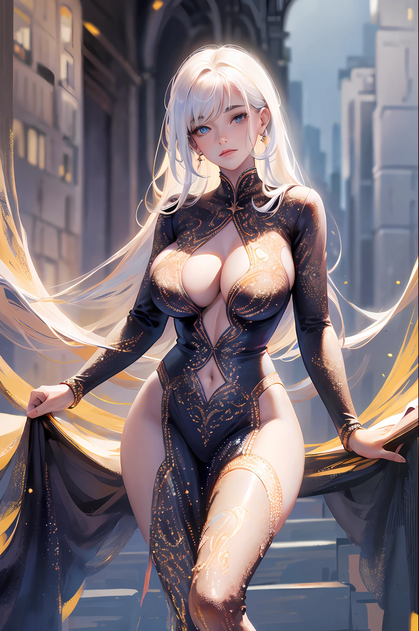 masterpiece:1.2, best quality), full body, realistic, (real picture, meticulously crafted, depth of field), ((masterpiece, super-detailed, super detailed, high resolution)), solo, beautiful girl, sparkling eyes, perfect eyes, 20 years old, white gold theme, high detail, perfect face shape, perfect body, oversize model, mature woman, tall long legs, big breasts, 8k,