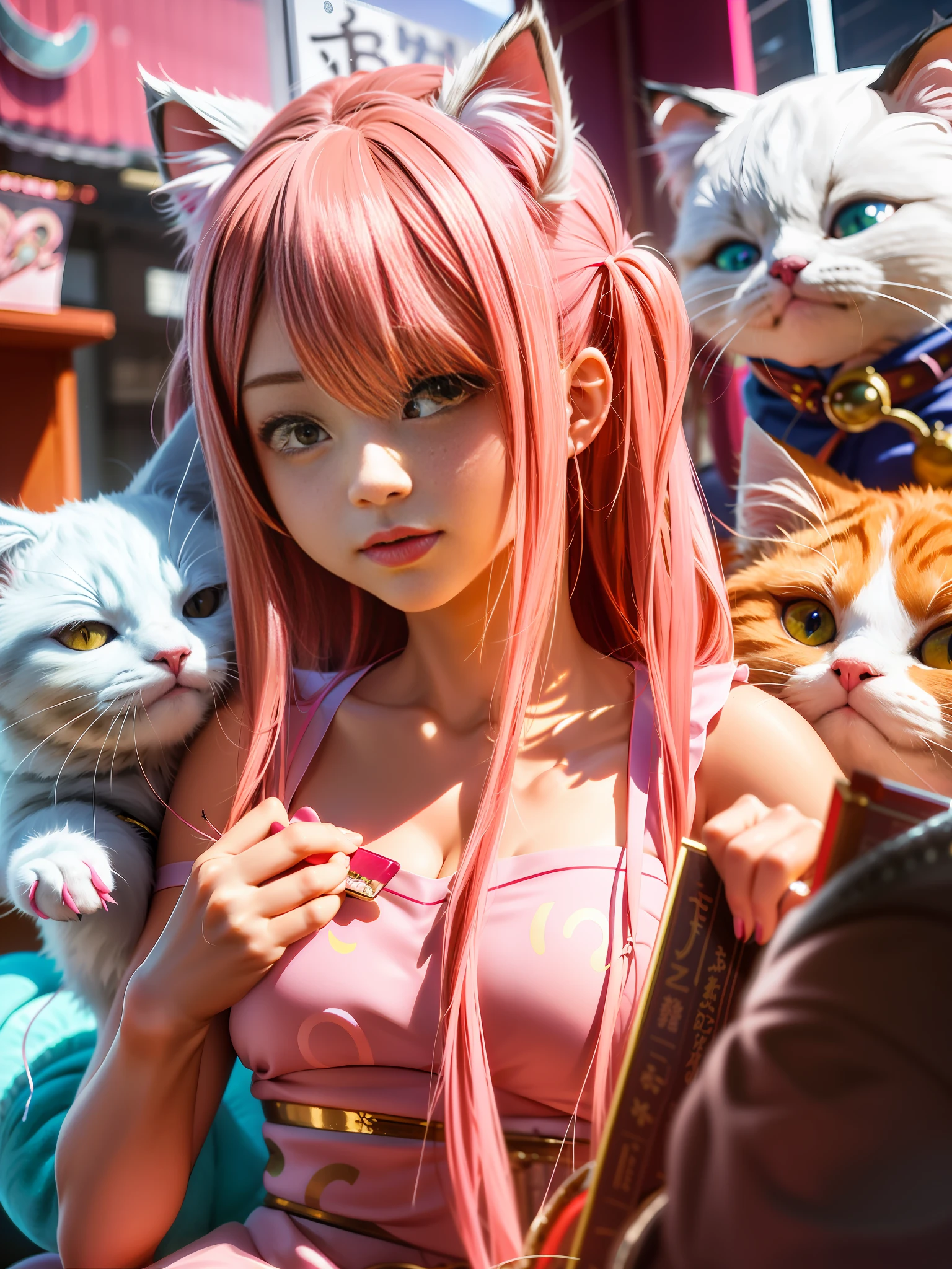 Anime girl posing for photo with pink hair and cat ears, attractive cat girl, very pretty cute cat woman, very beautiful anime cat girl, beautiful anime cat girl, beautiful young cat woman, cat woman, super realistic anime, cat, realistic anime, cute anime cat woman, realistic 3 D style, cat girl, realistic cat
