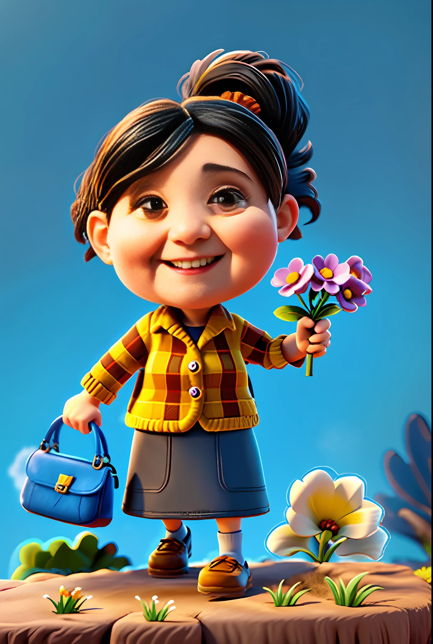 Cartoon an old woman holding a purse and flowers, black hair, black hair balls hair, black hair tied up, smile, dark red plaid top, blue skirt, brown, leather shoes, bouquet of flowers in right hand, yellow leather bag in hand, grass on the ground, blue sky cartoon cute, 3d, asian woman, Pixar style