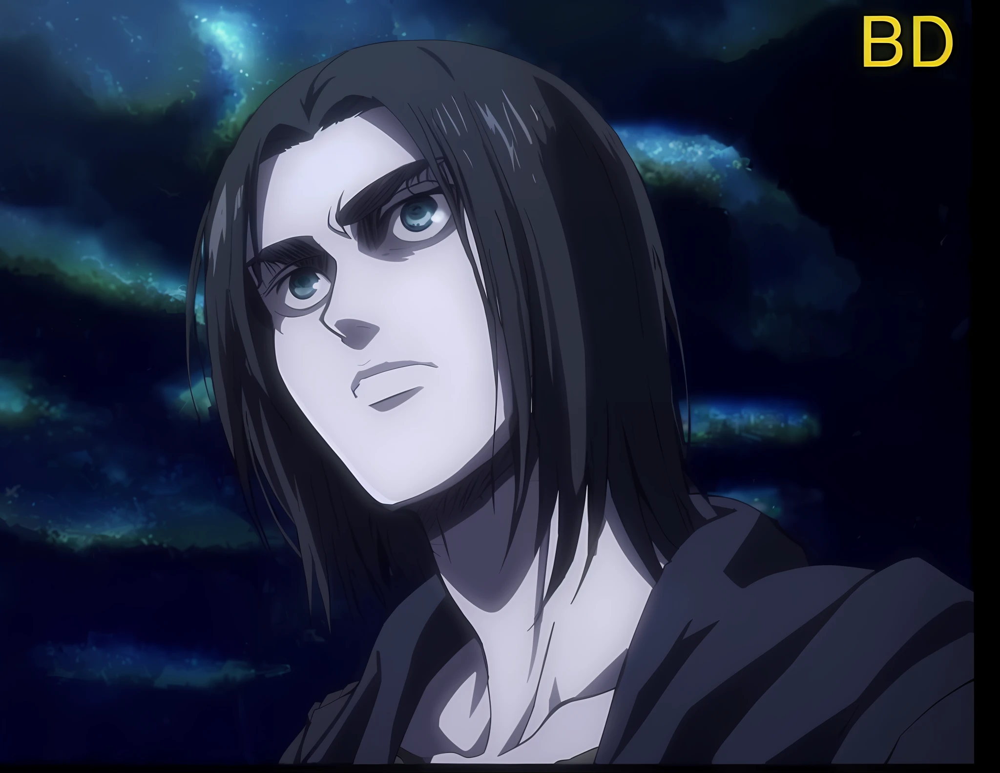 best quality, masterpiece, (realistic: 1.2), 1 man, Eren Jaeger, black jeans, black pants, brown hair, attack on Titan, cold background, black jacket, slim body, high definition, high quality, black clothes