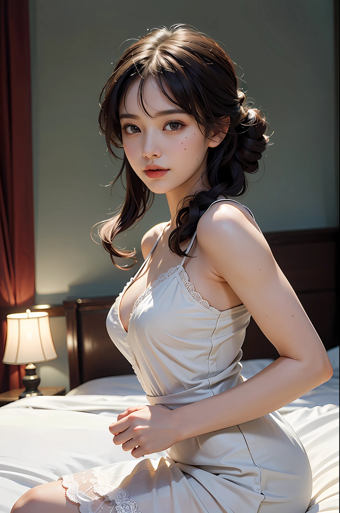 (Top quality, masterpiece: 1.2), (one woman), (moment when her arms are raised and her long curly hair is tied behind her head: 1.2), (her back hair is tied up and her nape is visible), 18 years old girl, seductive smile, wearing a lace nightgown, sitting on a luxury hotel bed, getting ready, bangs, soft light, romantic light, realistic face, perfect body, (perfect anatomy), perfect face, black hair, photorealism, super detail, high quality, photo pose, sexy (8K, RAW photo, highest quality, masterpiece: 1.2), (realistic, photorealistic: 1.37), high angle shot, look away,