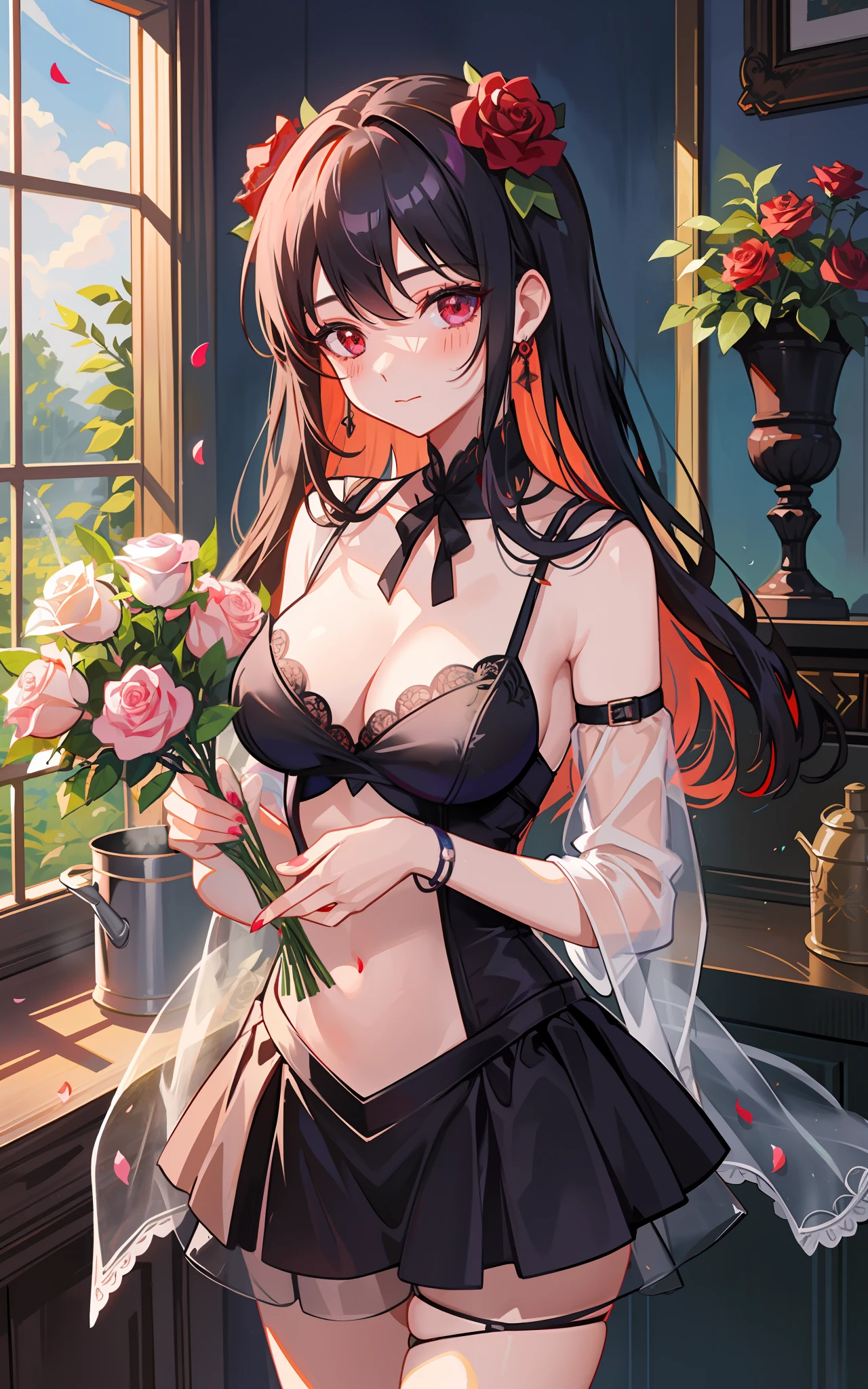 1girl, bangs, black_rose, blood, blue_rose, blush, bouquet, breasts, camellia, closed_eyes, closed_mouth, cloud, cowboy_shot, defloration, flower, flower_field, flower_ornament, garden, green_flower, hibiscus, holding_bouquet, holding_flower, ib_\(ib\), long_hair, navel, orange_flower, petals, pink_flower, pink_rose, pubic_tattoo, purple_rose, red_flower, red_hair, red_nails, red_rose, rose, rose_petals, rose_print, see-through, solo, spider_lily, spoken_squiggle, squiggle, thorns, tulip, vase, watering_can, white_rose, yellow_rose