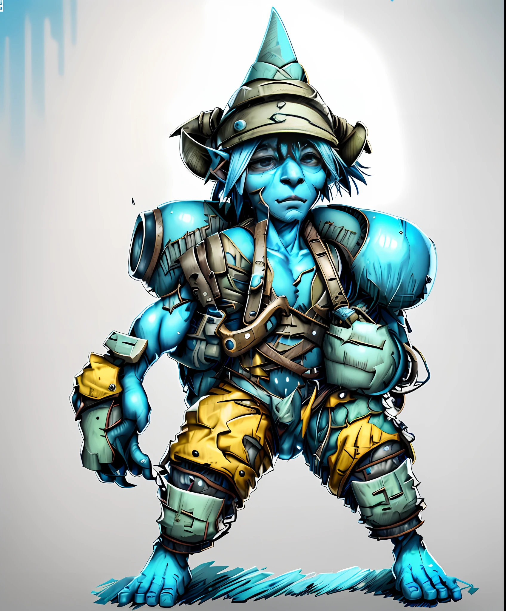 A picture of an elf wearing a hat and carrying a bag, blue skin, blue skin on chest, blue skin on hands, blue skin on feet, yellow clothes, green backpack, backpack strap pulled by left hand, gyroscope zeppe, super detailed fantasy character. Eight-pointed Star Traveler, Metal Slug Concept Art, Complex Fantasy Characters, 3D,