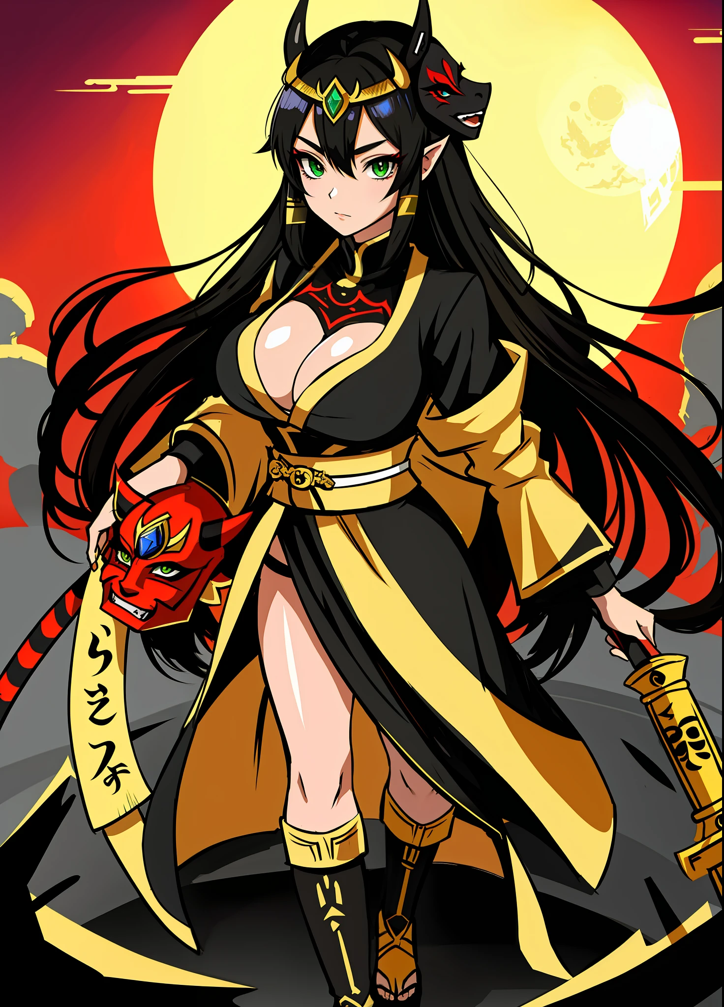 full body, Standing, Princess Zelda as Shinobi, costume all black with gold stripes, she has large breasts, (short black hair), ((wearing Oni mask on her face)), cut scar over right eye, (green eyes), a katana attached to her waist, blood all over her clothes, In a macabre ancient temple with a very heavy rain with a full moon in the sky, Anime, masterpiece, 16k, award winning, best quality, high details, UHD, masterpiece, anatomically correct