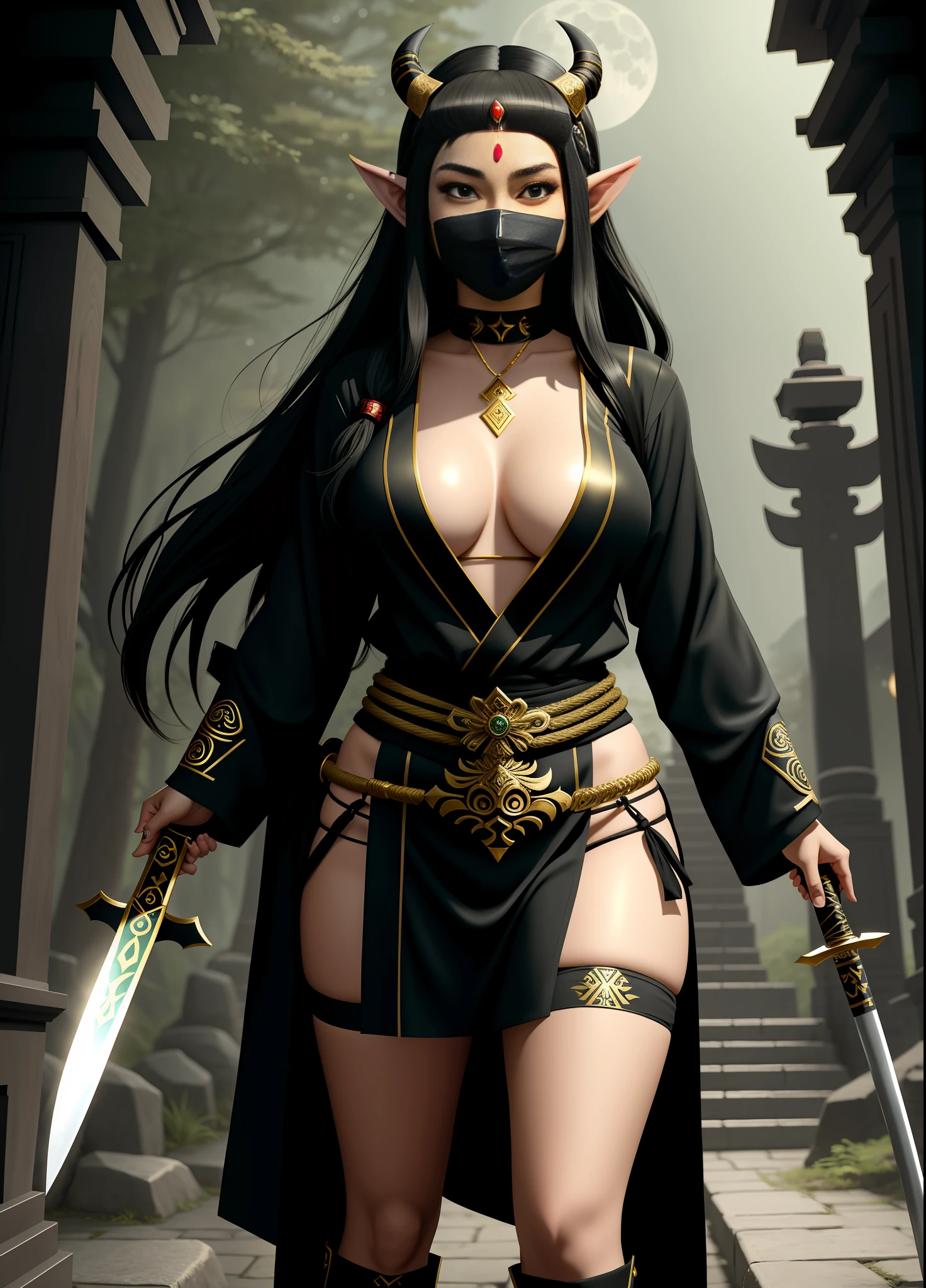 full body, Standing, Princess Zelda as Shinobi, costume all black with gold stripes, she has large breasts, (short black hair), ((wearing Oni mask on her face)), cut scar over right eye, (green eyes), a katana attached to her waist, blood all over her clothes, In a macabre ancient temple with a very heavy rain with a full moon in the sky, Anime, masterpiece, 16k, award winning, best quality, high details, UHD, masterpiece, anatomically correct