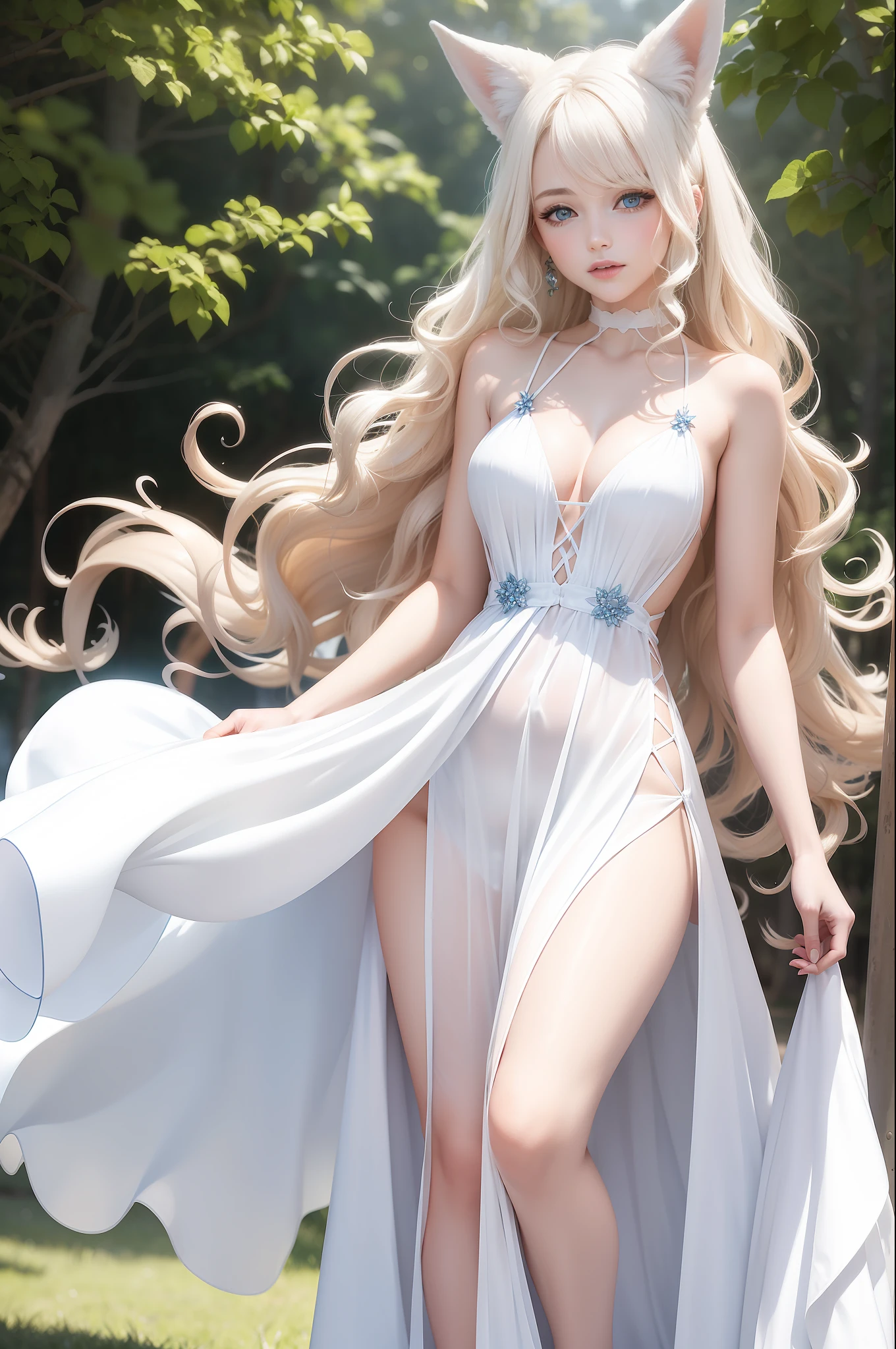 Women with ,golden curly hair,Blue eyes,white fox ears,,white translucent long dress with thin straps