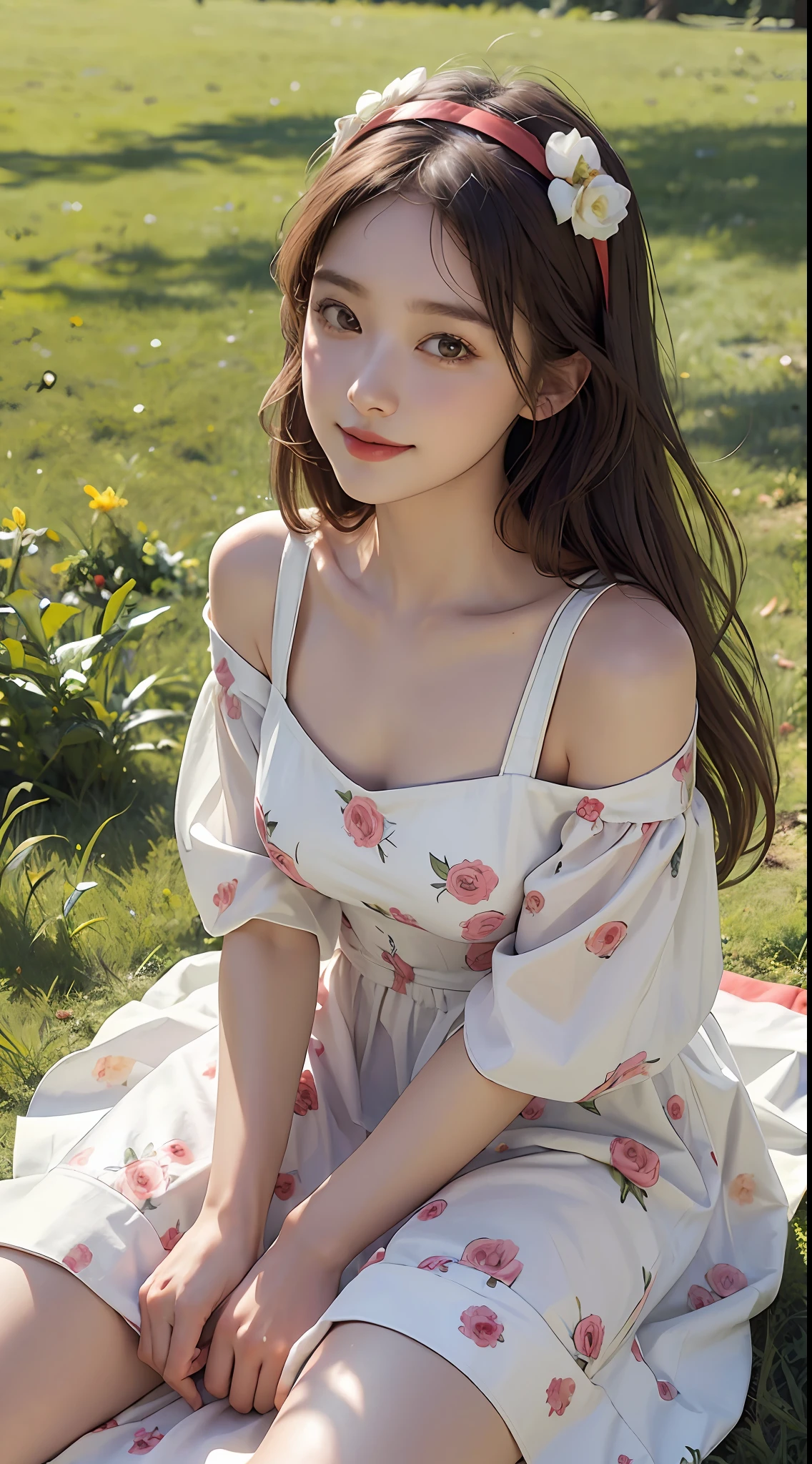 ((Best Quality, 8K, Masterpiece: 1.3)), Anatomically correct, 1 girl, beautiful girl, one side up, floating hair, super detailed face, detailed eyes, double eyelids, rounded eyes, ochre red summer floral dress, smiling very much, glasses, hairband, in summer, rose, caramelldansen, fruit hairpin on head, long dress , sitting on the grass, white canvas shoes, hands between legs