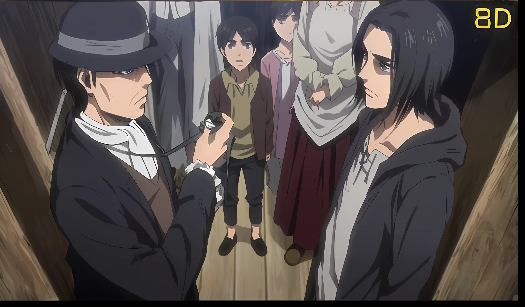 best quality, masterpiece, (realistic: 1.2), 1 man, Eren Jaeger, black jeans, black pants, brown hair, attack on Titan, cold background, black jacket, slim body, high definition, high quality, black clothes