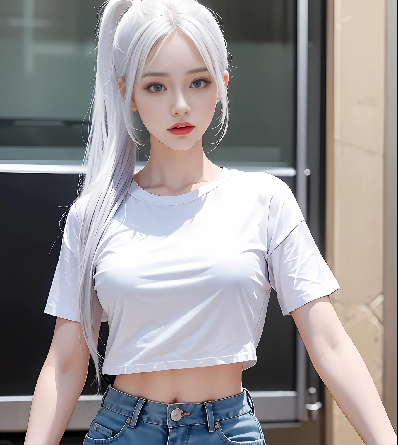 Realistic, high resolution, 1 girl, ponytail white hair, korean, blue eyes, shirt, skinny denim shorts, mid-chest, thin waist, thighs