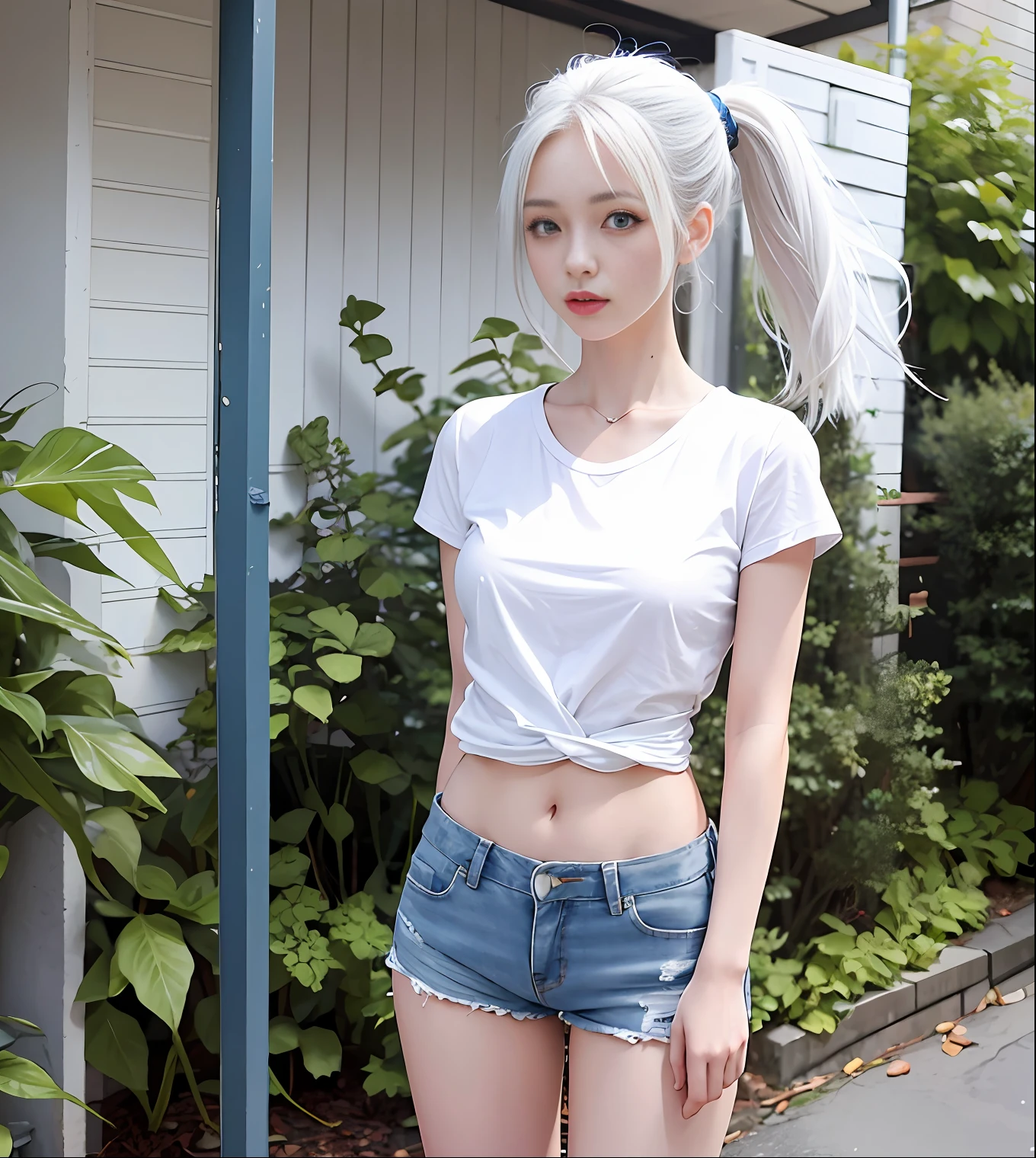 Realistic, high resolution, 1 girl, ponytail white hair, korean, blue eyes, shirt, skinny denim shorts, mid-chest, thin waist, thighs