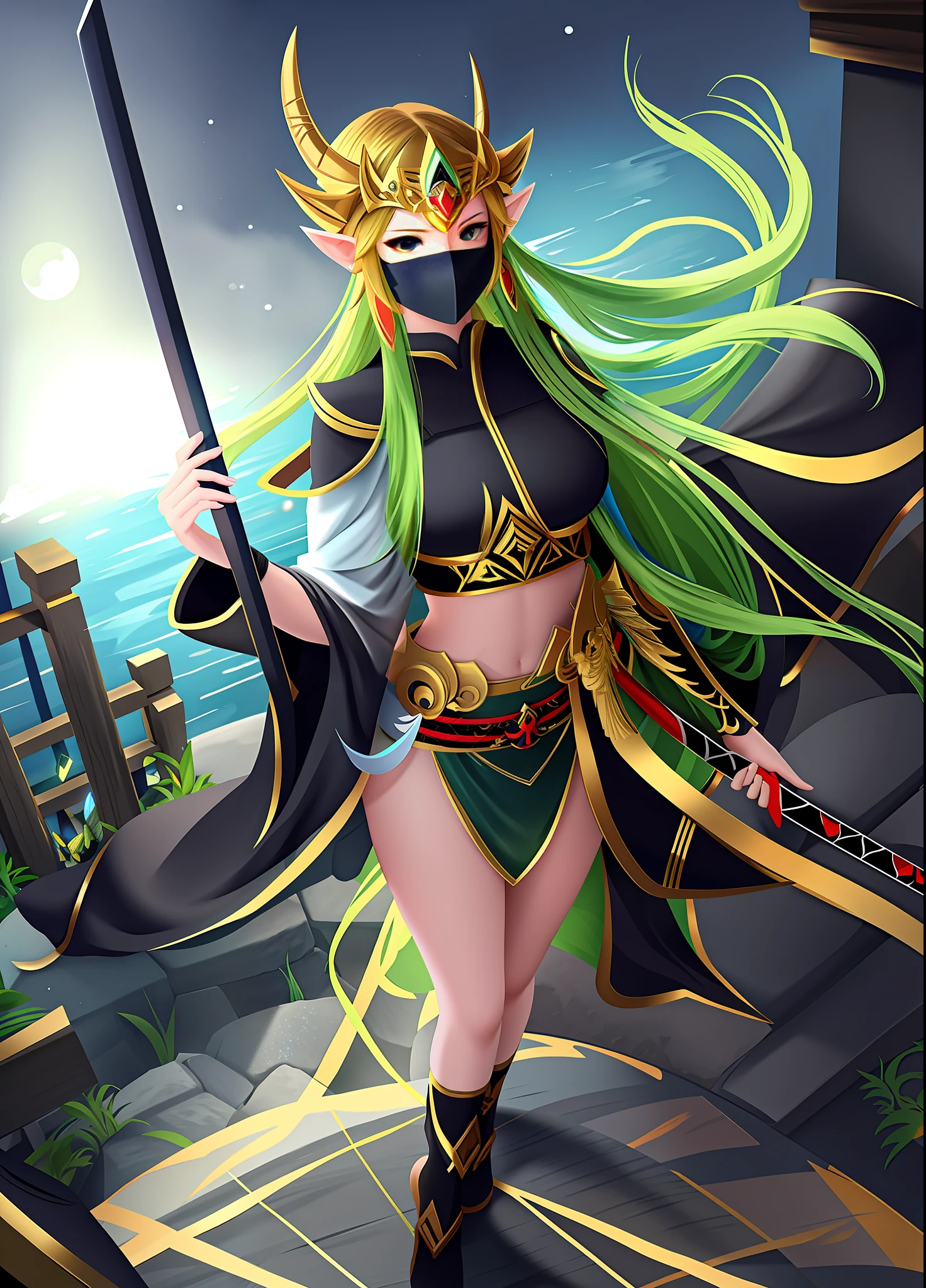 full body, Standing, Princess Zelda as Shinobi, costume all black with gold stripes, she has large breasts, (short black hair), ((wearing Oni mask on her face)), cut scar over right eye, (green eyes), a katana attached to her waist, blood all over her clothes, In a macabre ancient temple with a very heavy rain with a full moon in the sky, Anime, masterpiece, 16k, award winning, best quality, high details, UHD, masterpiece, anatomically correct