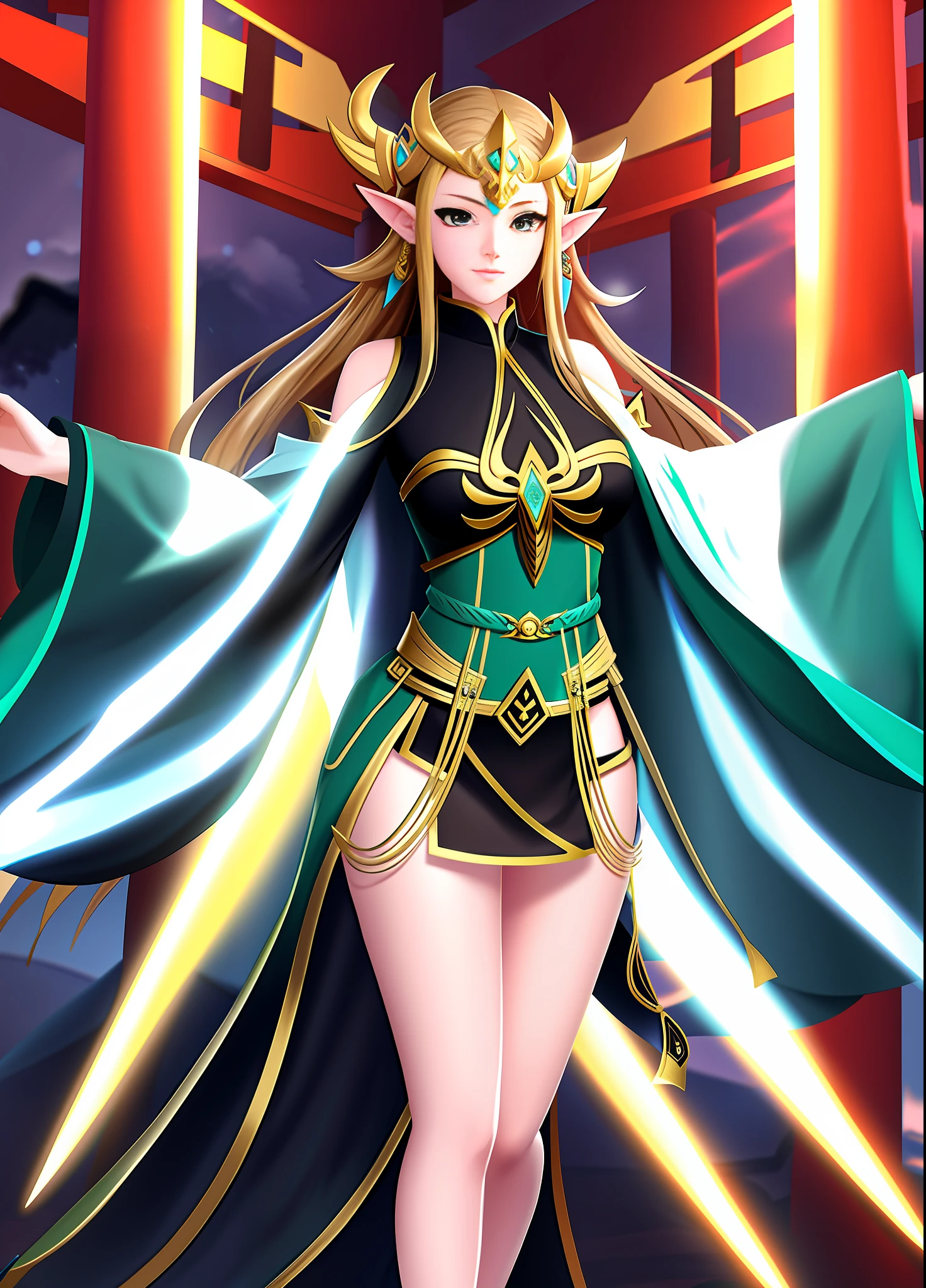 full body, Standing, Princess Zelda as Shinobi, costume all black with gold stripes, she has large breasts, (short black hair), ((wearing Oni mask on her face)), cut scar over right eye, (green eyes), a katana attached to her waist, blood all over her clothes, In a macabre ancient temple with a very heavy rain with a full moon in the sky, Anime, masterpiece, 16k, award winning, best quality, high details, UHD, masterpiece, anatomically correct