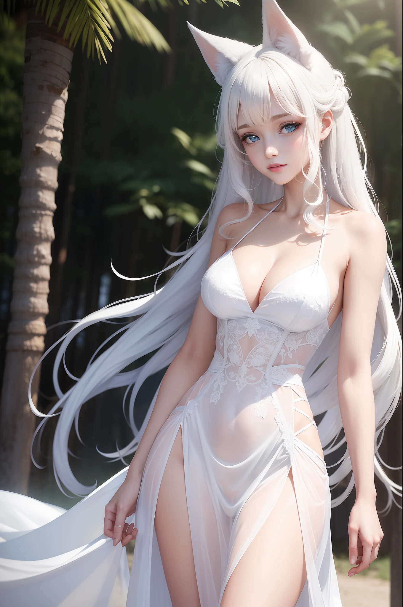 Women with ,golden curly hair,Blue eyes,white fox ears,,white translucent long dress with thin straps
