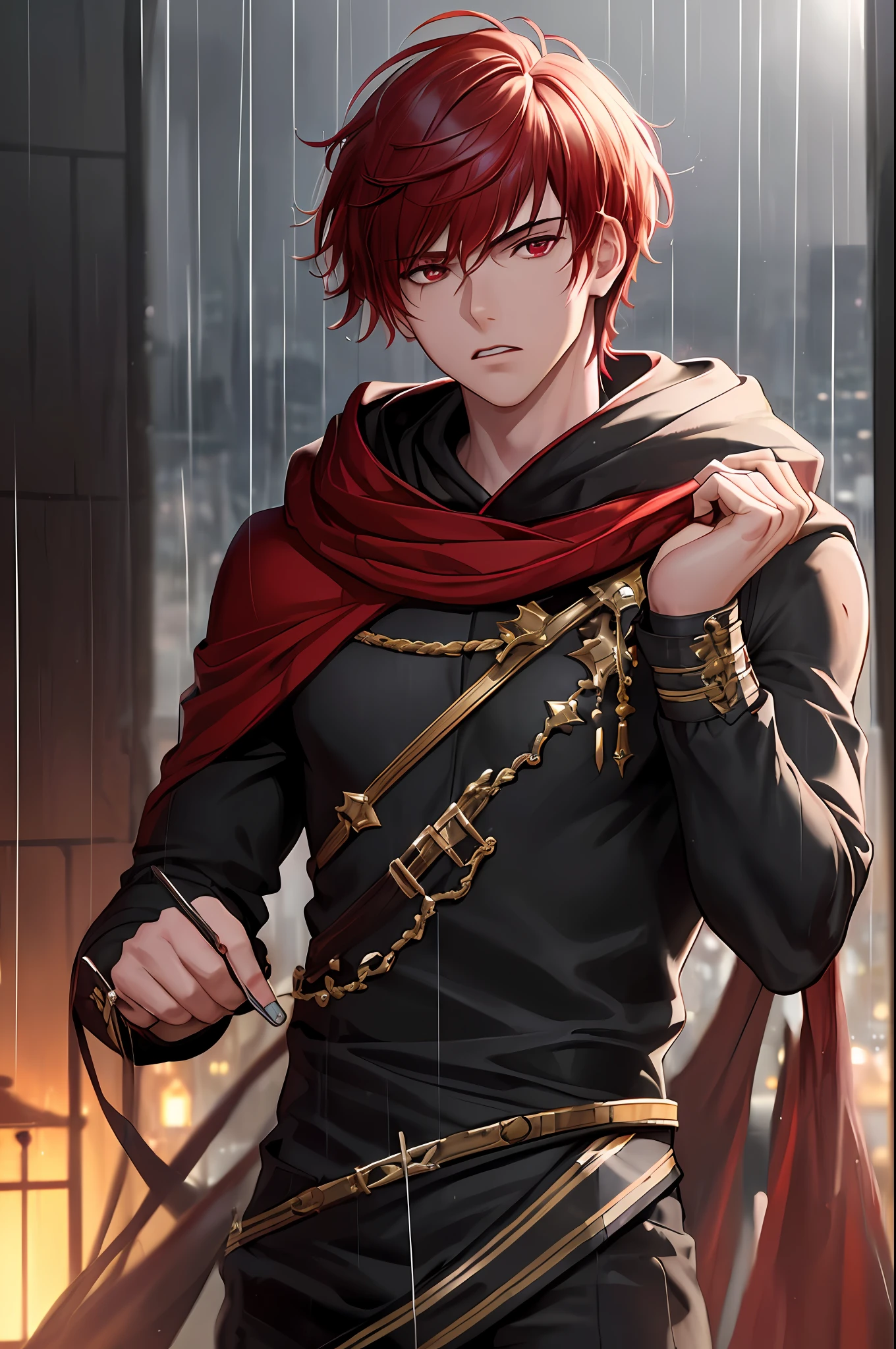 kk, best quality, more details, masterpiece, 1boy, portrait, male focus, red eyes, solo, fringe, looking at viewer, hood, short hair, rain, brazil \(city\), hood, nail polish, red hair, luxurious, 8k, detailed, ray tracing, depth of field, cinematic lighting,