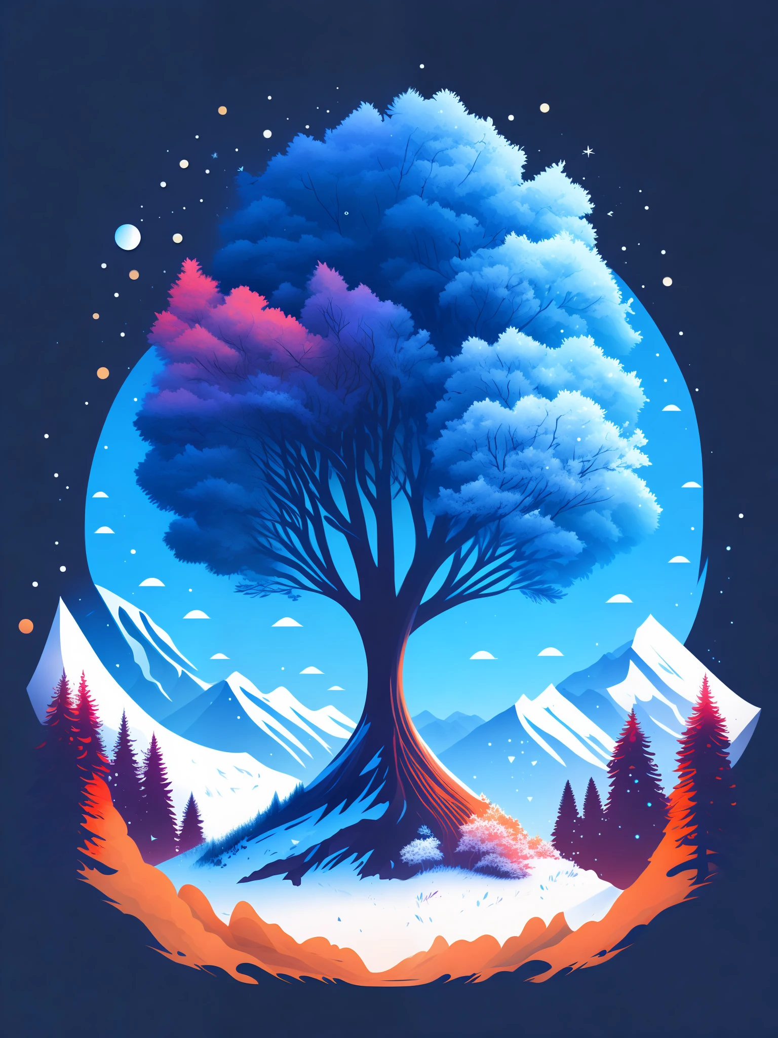 a spruice tree in a winter landscape, tshirt design, rzminjourney, vector-art