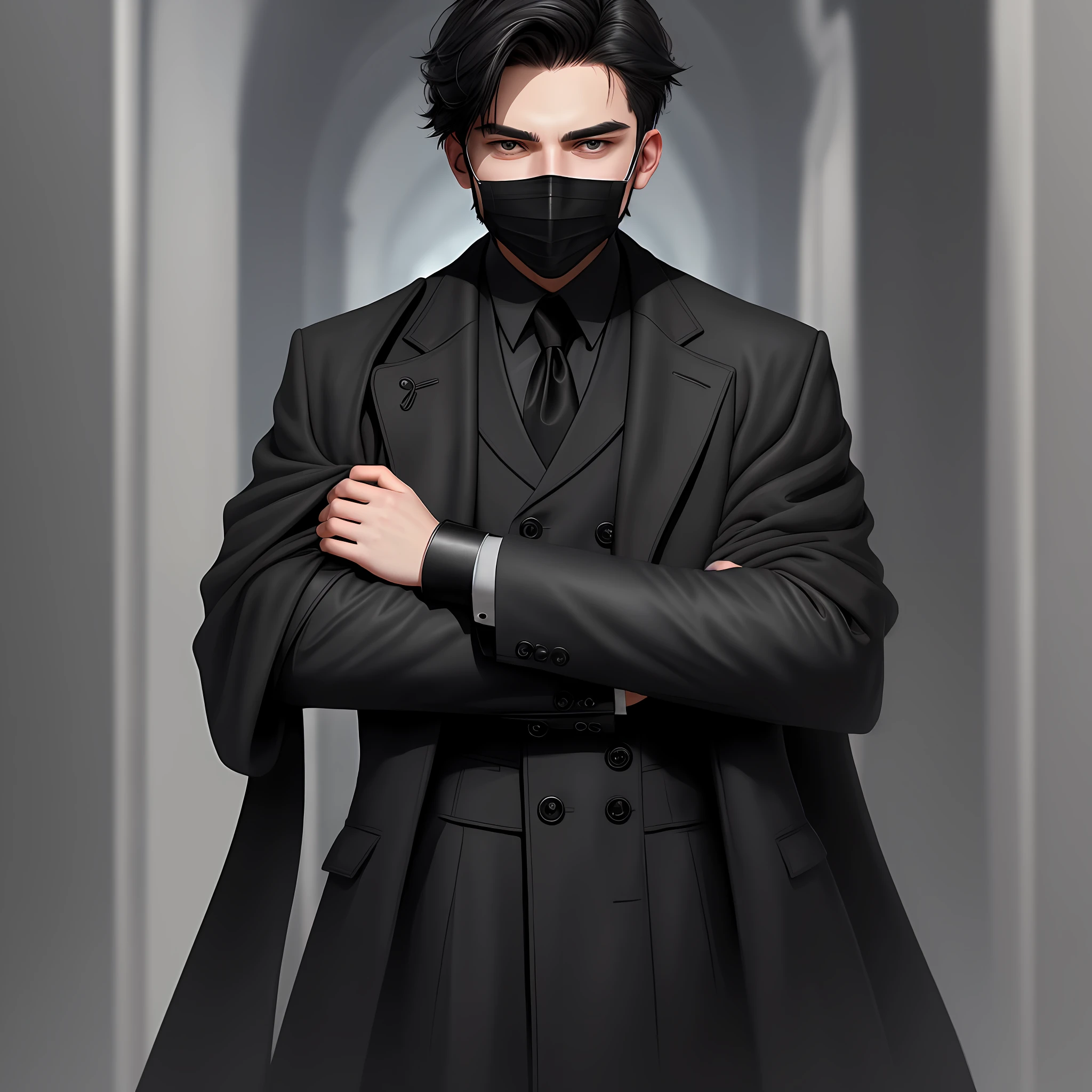 Boy in black overcoat and black mask with arm crossed