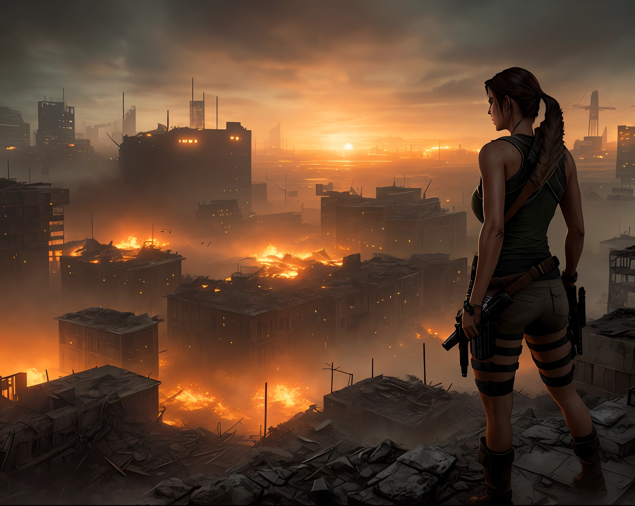 Lara Croft in deserted city destroyed apocalyptic scenery at night fog cinematic effect realistic style, richness of detail, ultra detailed depth of field Full HD 8K masterpiece.