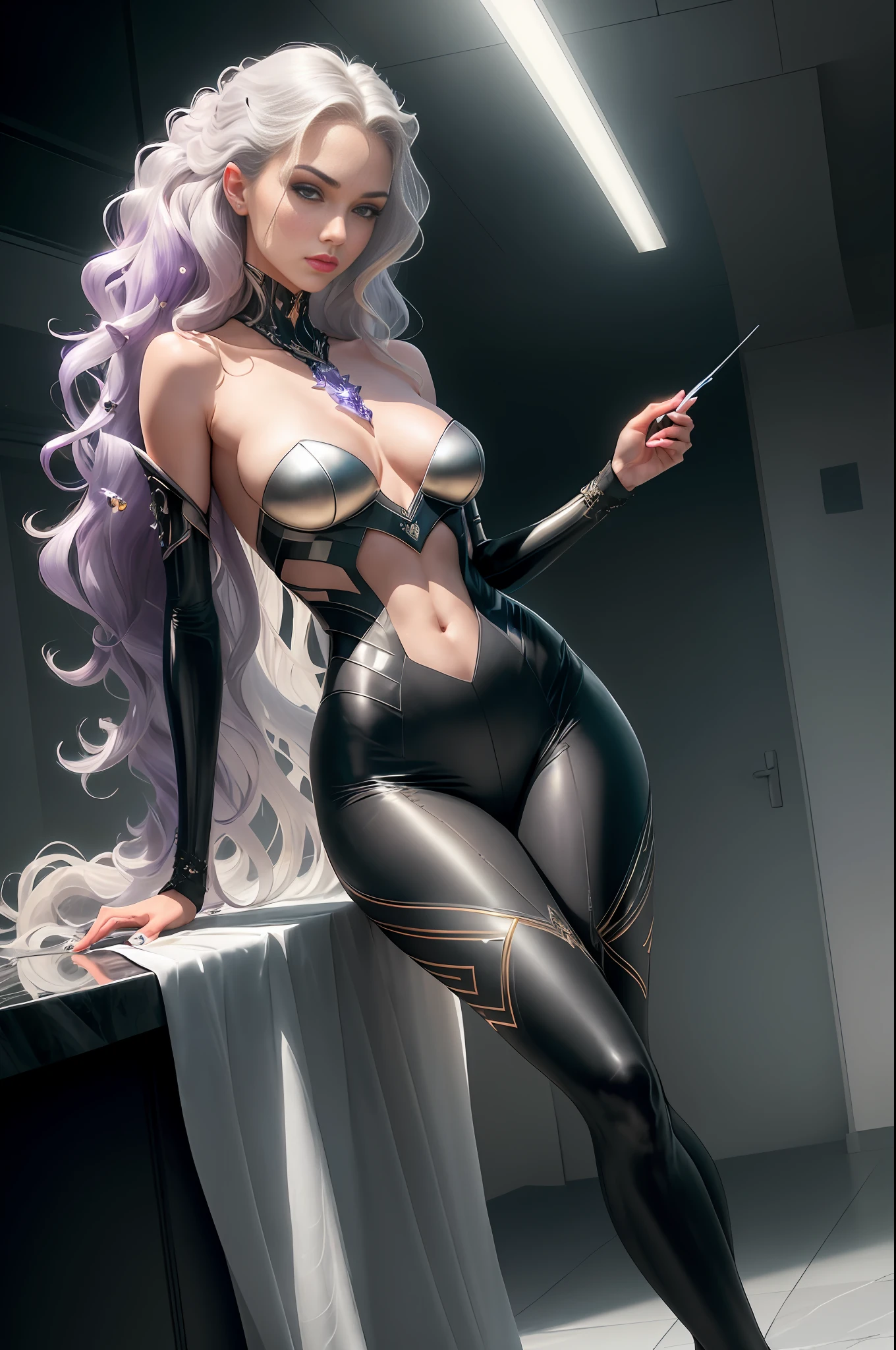 A realistic cinematic 8k resolution shallow focus scene captured with soft natural lighting and shading with a powerful sense of ultra-realism that shows a (full body) sinister (glamorous woman) proudly standing with an arrogant expression and her (anatomically correct hands) on the hips with very fluid movements in front of a stunning hyper-realistic cyberpunk Neo-futurism city with a stunning cloudscape in the background.

She is (wearing an elegant tailored pale-grey silk top with straight leg dark-grey pant on top:1.1) of her (insanely detailed, elegant and ornate anatomically sculpted bio-mechanical [graphite:silver:0.55] fractal body delicately embroidered with tiny amethyst and golden details).

She has a slender beautiful cyborg body, a gorgeous oval face, ([platinum:amethyst:0.61] medium wavy hair:1.3), deep evil looking almond pale-amethyst eyes, lovely thin lips, and a high pointed arrogant nose.

She stands tall with an imperious bearing, her perfect features crafted into an expression of superiority. Long legs clad in designer pencil skirts sashay across polished marble floors with every step. It takes only moments before her silver gaze fixes itself upon your own, sending a bolt of electric tension snaking down your spine. Once ensnared by those glittering pools of iridescent light, it becomes apparent that while her aloofness may indeed conceal malevolent intentions, her words carry a subtle hypnotic charm that hints at deeper waters within that ice cold persona. When she chooses to reveal that small part of herself, it comes off less as empathetic concern and more as a seductress teasing out a secret. You willingly succumb to her manipulations, unable to resist her quiet lure.