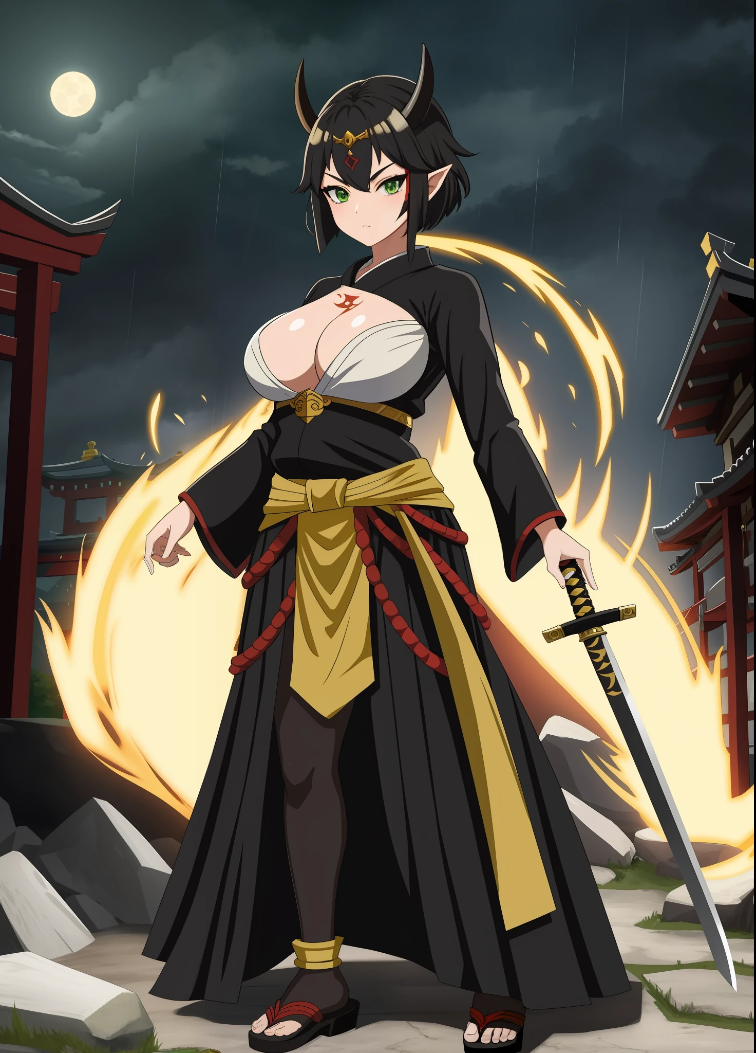 full body, Standing, Princess Zelda as Shinobi, costume all black with gold stripes, she has large breasts, (short black hair), ((wearing Oni mask on her face)), cut scar over right eye, (green eyes), a katana attached to her waist, blood all over her clothes, In a macabre ancient temple with a very heavy rain with a full moon in the sky, Anime, masterpiece, 16k, award winning, best quality, high details, UHD, masterpiece, anatomically correct