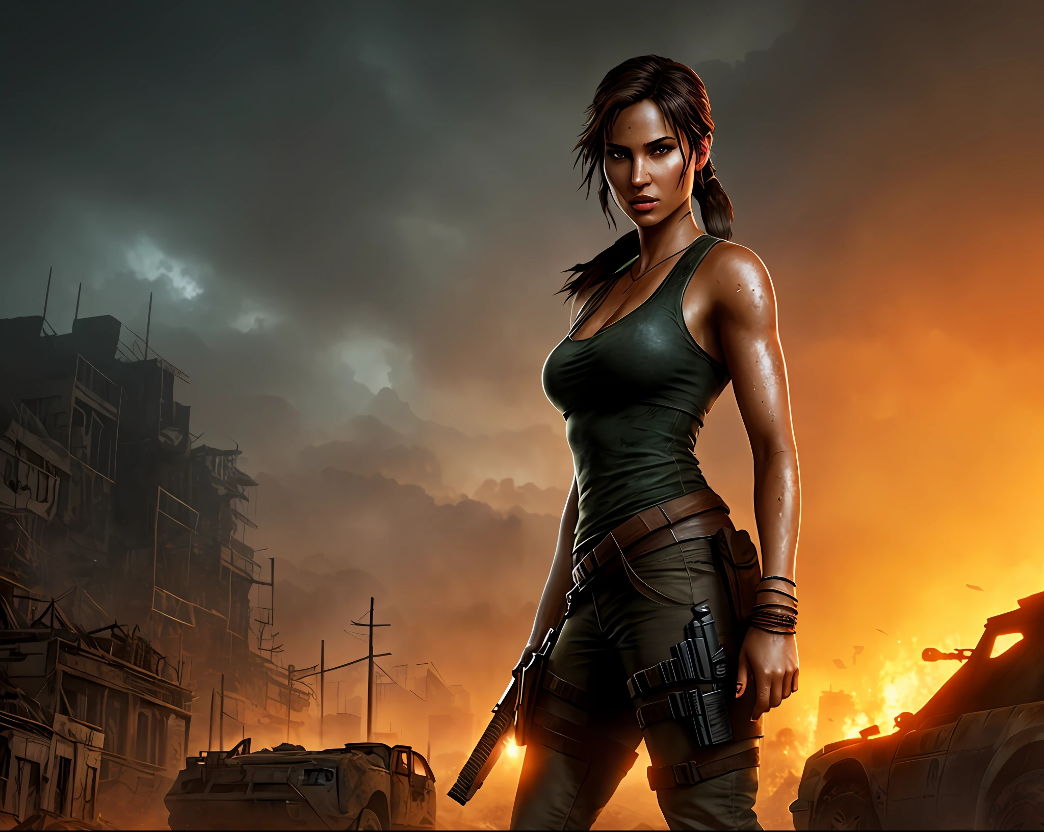Lara Croft in deserted city destroyed apocalyptic scenery at night fog cinematic effect realistic style, richness of detail, ultra detailed depth of field Full HD 8K masterpiece.