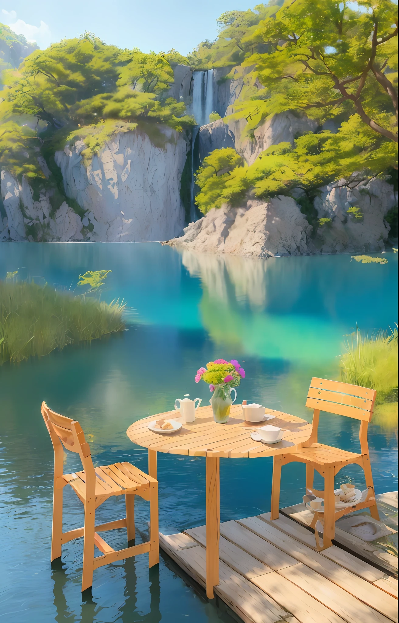 Realistic, real life, beautiful waterside breakfast table with greg rutkowski background, style of laurie grasley, studio ghibli, akira toriyama, james gilleard, genshin impact, popular pixiv fanbox, acrylic palette knife, 4k , (vibrant colors), (bright color contrast), (high saturation), devinart, trending on artstation