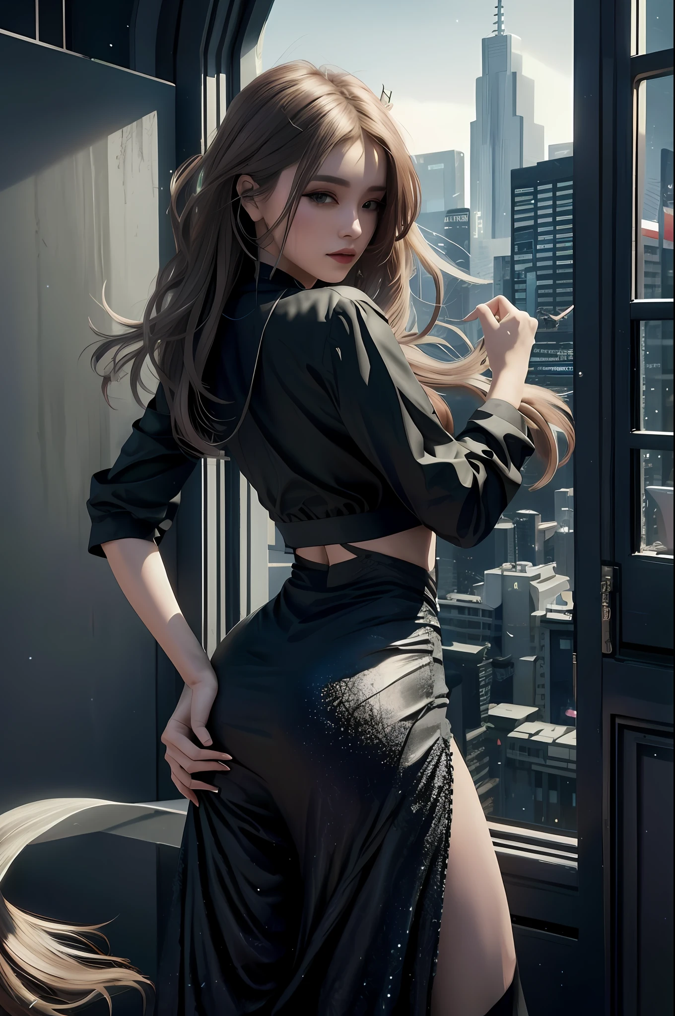 araffes in a black dress posing on a balcony with a city view, cyberpunk 2 0 y. o model girl, sexy pose, trending on cgstation, cyberpunk girl, seductive cyberpunk dark fantasy, sexy style, cyberpunk beautiful girl, [ trending on cgsociety ]!!, cyberpunk anime girl, by Yang J, dreamy cyberpunk girl, trending at cgstation, back pose