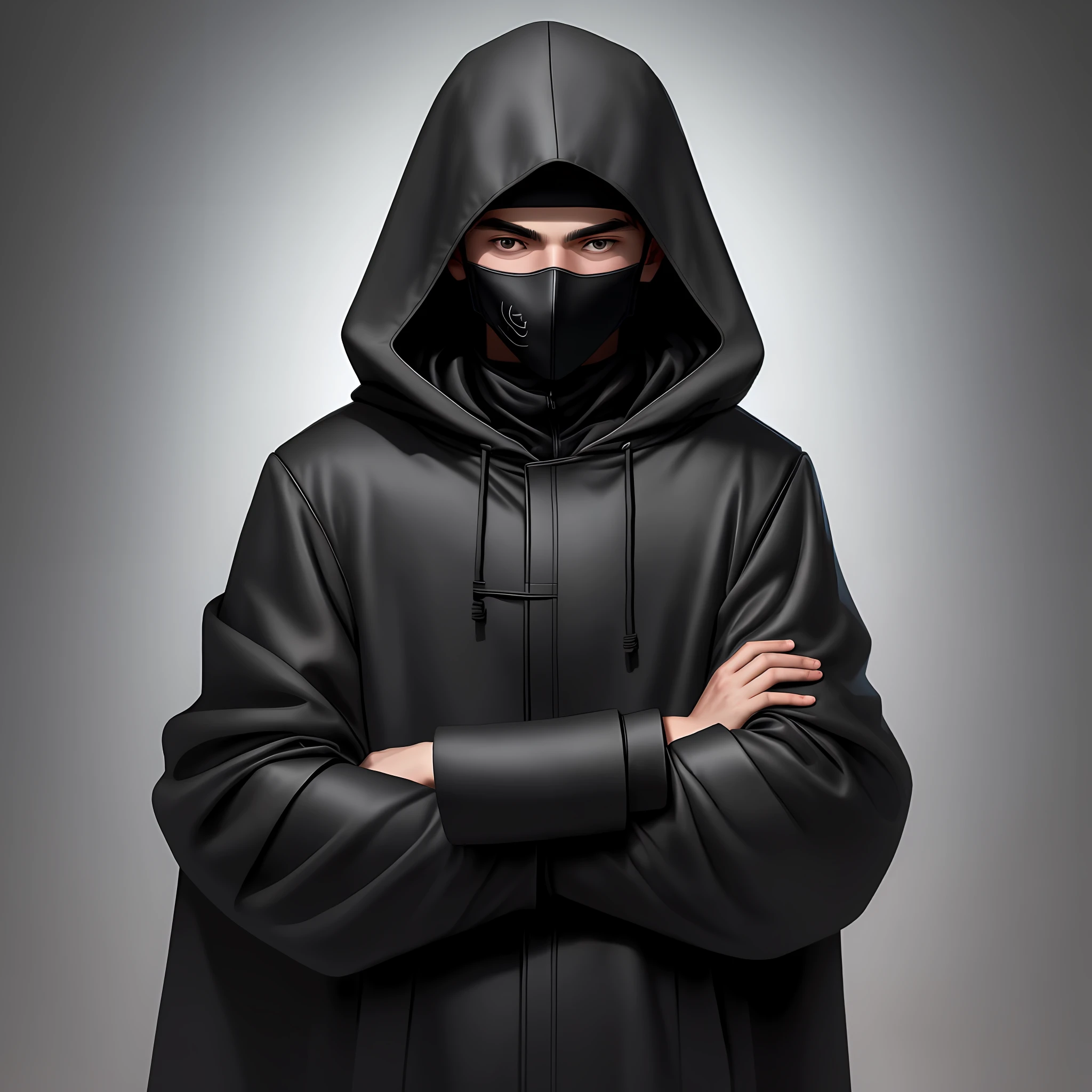 Boy in black hooded overcoat and black mask with arm crossed