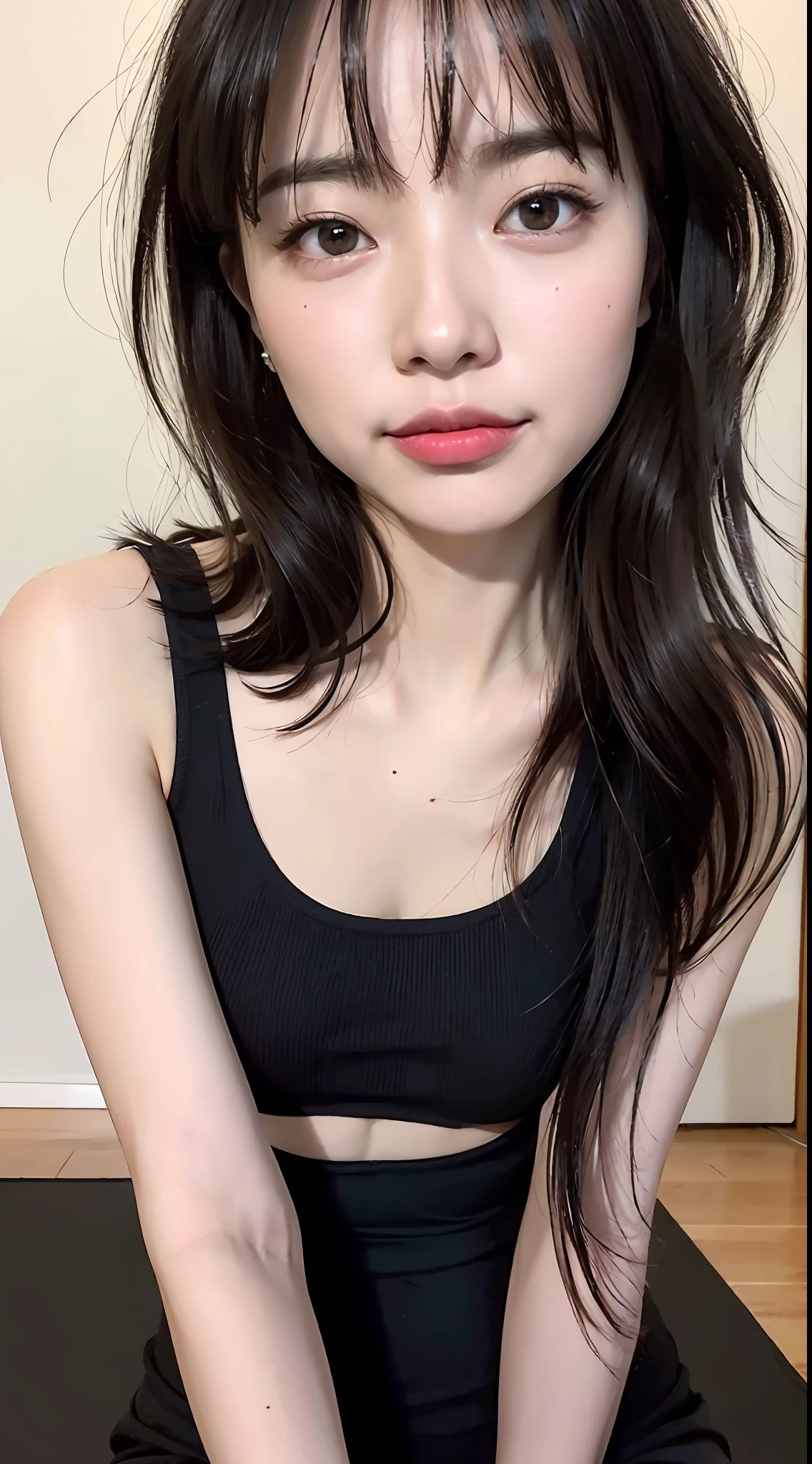 1 girl, 28-years-old, small round face, Petite, stretch tank top, leggings, long bob, baby face, drooping eyes, bangs, small breast, thin eyebrows, smile, stick out tongue, whole body, Japanese, stretch on mat, (8k), (best quality), (masterpiece:1.3), (realistic:1.3), (photorealistic:1.4), ultra-detailed, leaning forward,