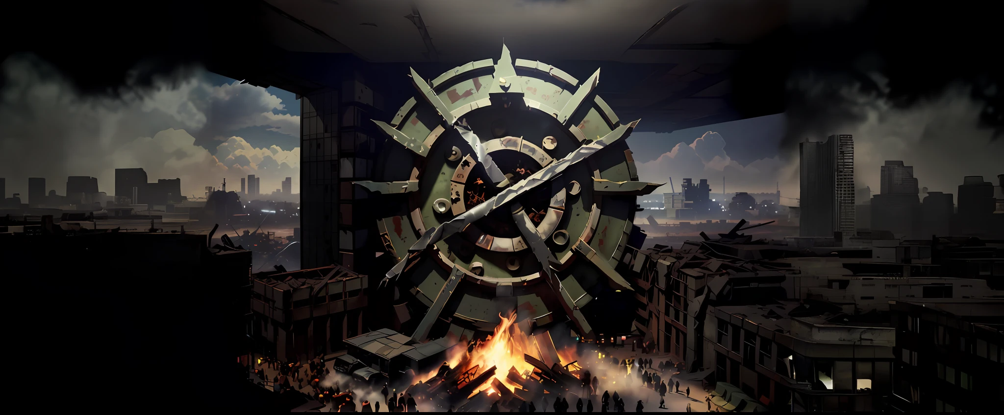 ((Maximum detail)),(photo realism)), Apocalyptic City, (((view of a fantastic wasteland in the distance))), smoke, toxic volumetric smoke, ((destroyed buildings)),people small on rooftops, ultra-photorealistic, super detail,((everywhere textures of rust and old metal)), ((view from above)))) , (buildings in the post-apocalyptic world)))) , ( successful composition))), ( cinematic composition))) , (((successful color correction of the entire frame)) )) , ((successful color correction of the entire frame))