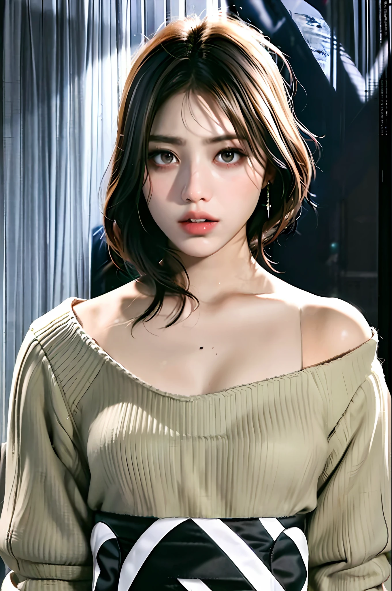 masterpiece, best quality, (dark photo:1.3), photorealistic, 1girl, flat bangs, stunning innocent symmetry face, shirt, emotional, ulzzang, (PureErosFace_V1:0.7)