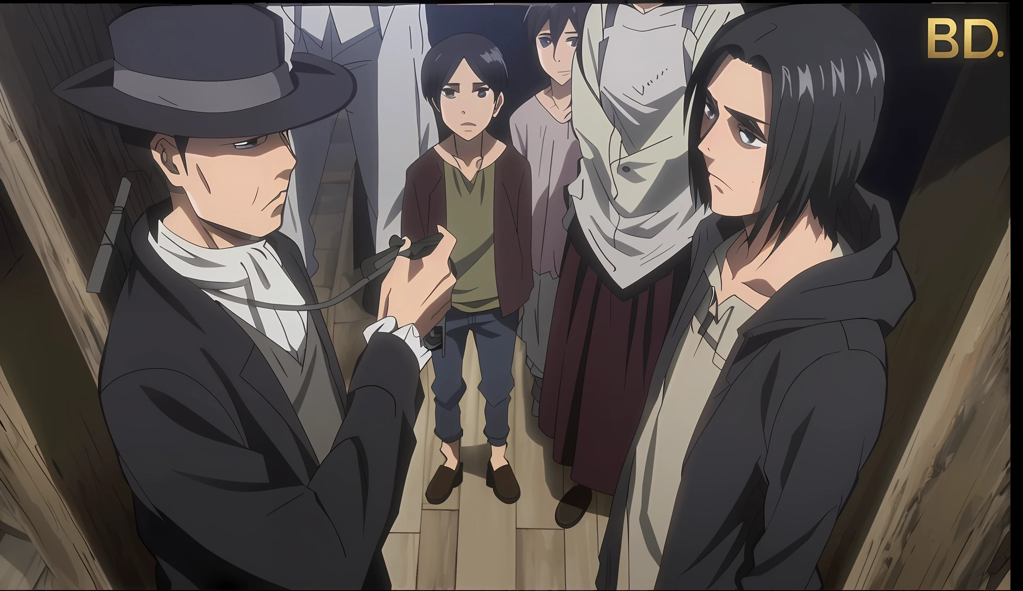 best quality, masterpiece, (realistic: 1.2), 1 man, Eren Jaeger, black jeans, black pants, brown hair, attack on Titan, cold background, black jacket, slim body, high definition, high quality, black clothes