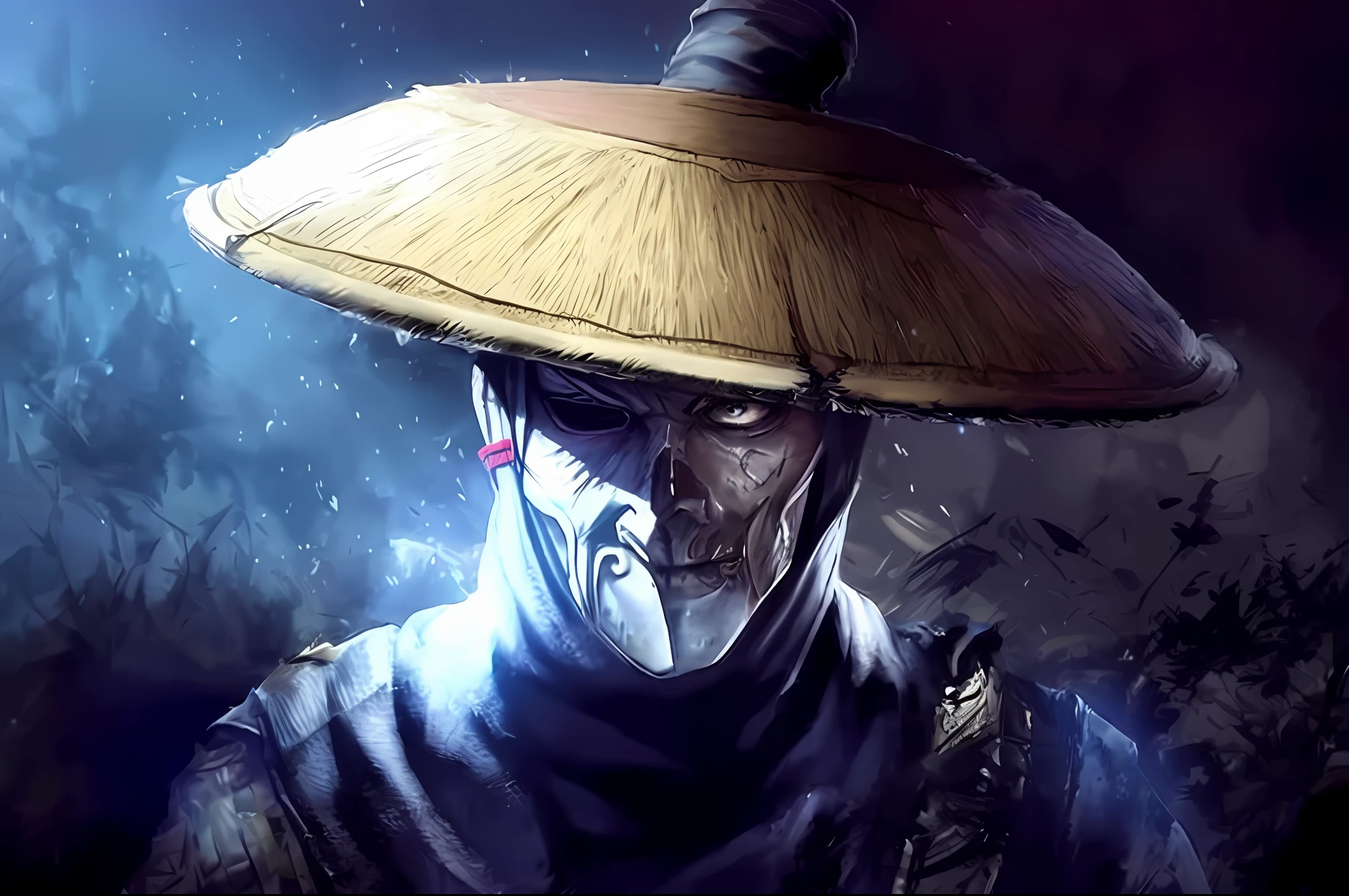 Arafo image of the man with the straw hat on his head, character in Mortal Kombat, Mortal Kombat, Mortal Kombat style, Mortal Kombat, Mortal Kombat 11, MK Ninja, inspired by Horse Stone, Raiden Metal Gear, as a character in Tekken, fighting game character, epic portrait of the threat, Snoop Dog in Mortal Kombat, Fuji 1 Boy, Hat, Male Focus, Skull Face Solo, Straw Hat, Rain, Wuxia, Xianxia, Mysterious, 4K, Epic