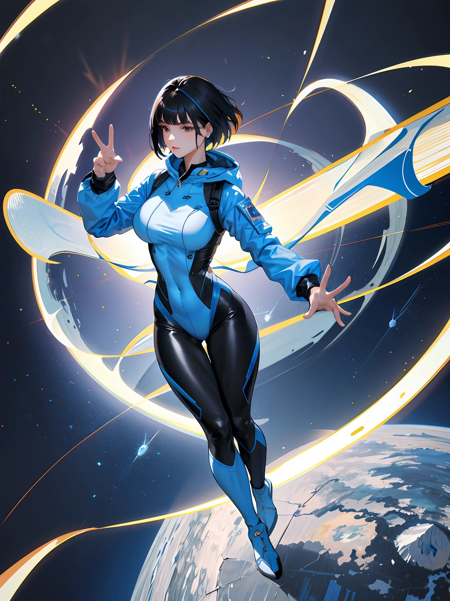 (highest resolution, distinct_image), best quality, masterpiece, very detailed, semi-realistic, woman with short black hair, black eyes, mature woman, triple bangs, white and blue flight suit, tight clothes, full body clothes, beauty, spacecraft, driving a spacecraft, in flight
