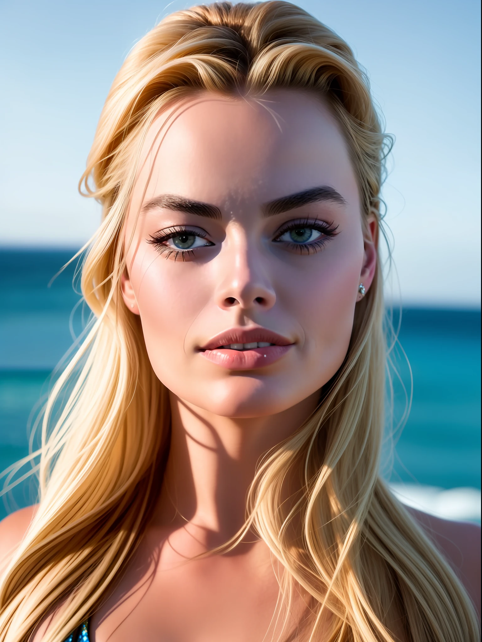 A closeup shot, head, ultra wide angle, in focus, stunning beautiful Margot Robbie, hdr, best quality, professional photo,