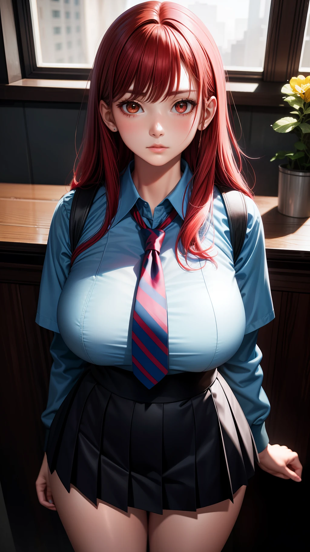masterpiece, highly best quality, colorful, a woman, (girl uniform), (gal), (emotionless face), red hair, high contrast shiny oily skin, huge long breasts, sfw ,
