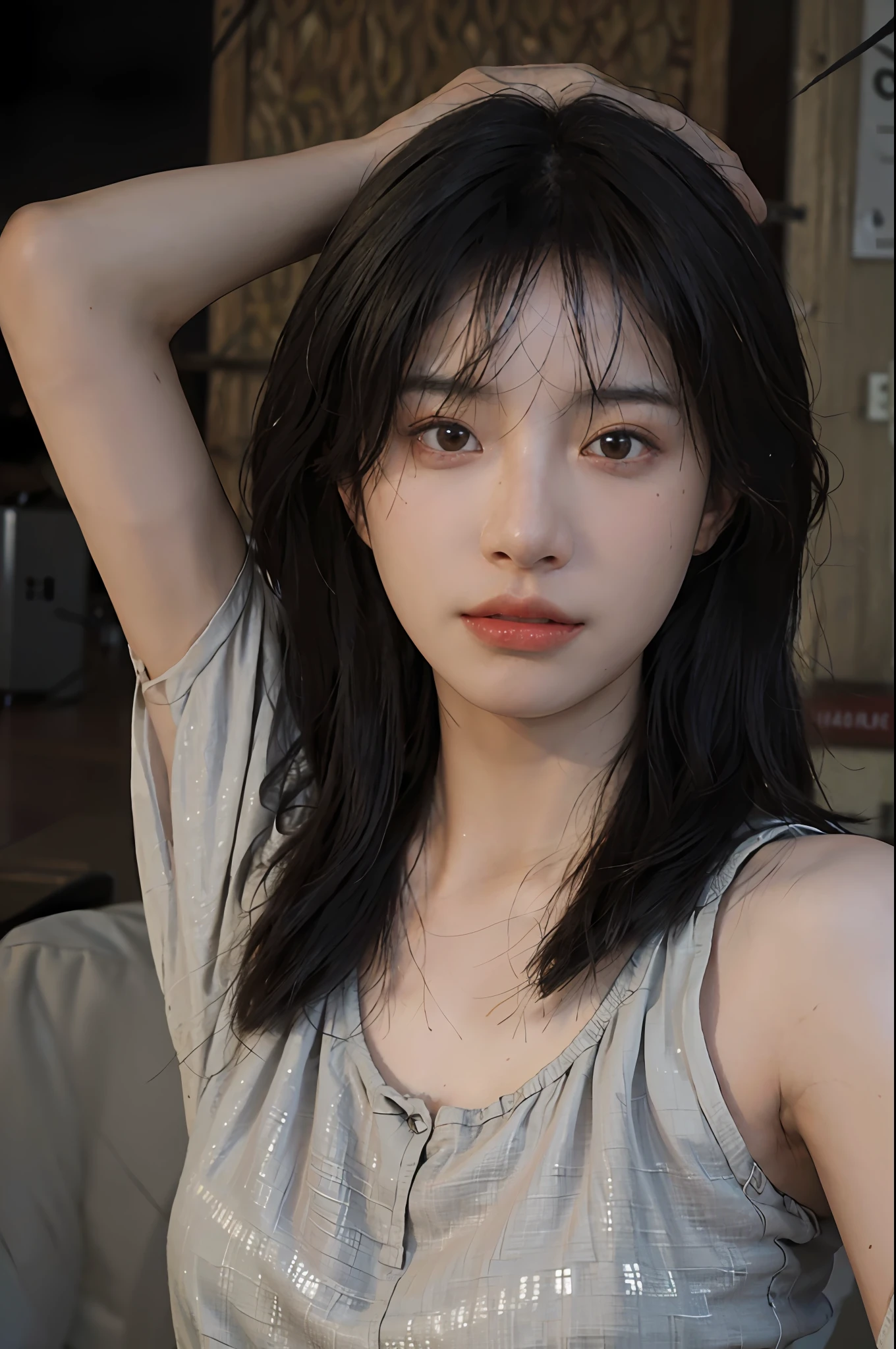 8K,Best quality, masterpiece, ultra high res, (photorealistic:1.4), raw photo, (Authentic skin texture:1.3), (film grain:1.3), (selfie angle),1girl,beautiful detailed eyes and face,masterpiece, best quality,close-up,upper bod,