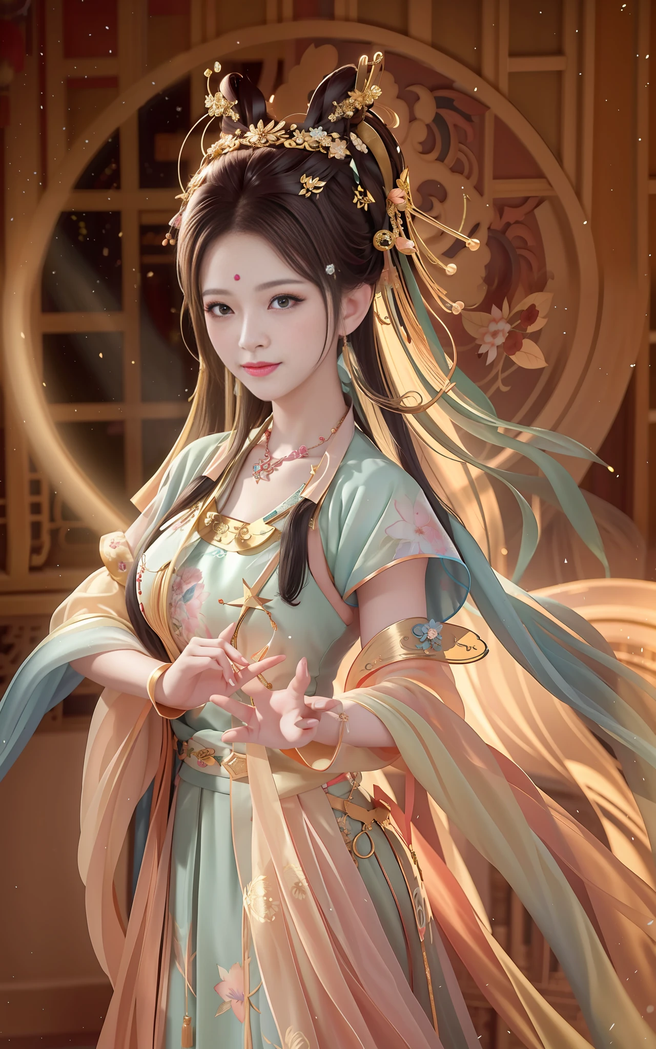 best quality, masterpiece, highres, 1girl,blush,(seductive smile:0.8),star-shaped pupils,china hanfu,hair ornament,necklace, jewelry,Beautiful face,upon_body, tyndall effect,photorealistic, dark studio, rim lighting, two tone lighting,(high detailed skin:1.2), 8k uhd, dslr, soft lighting, high quality, volumetric lighting, candid, Photograph, high resolution, 4k, 8k, Bokeh