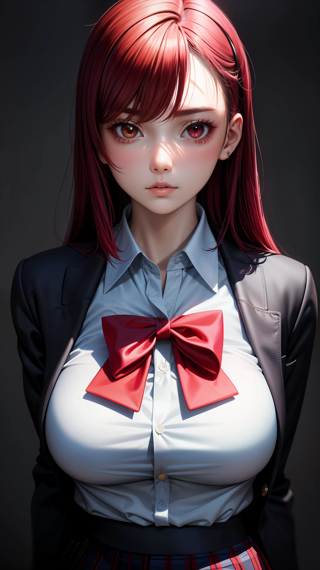 masterpiece, highly best quality, colorful, a woman, (schoolgirl uniform), (gal), (emotionless face), red hair, high contrast shiny oily skin, huge long breasts, sfw ,
