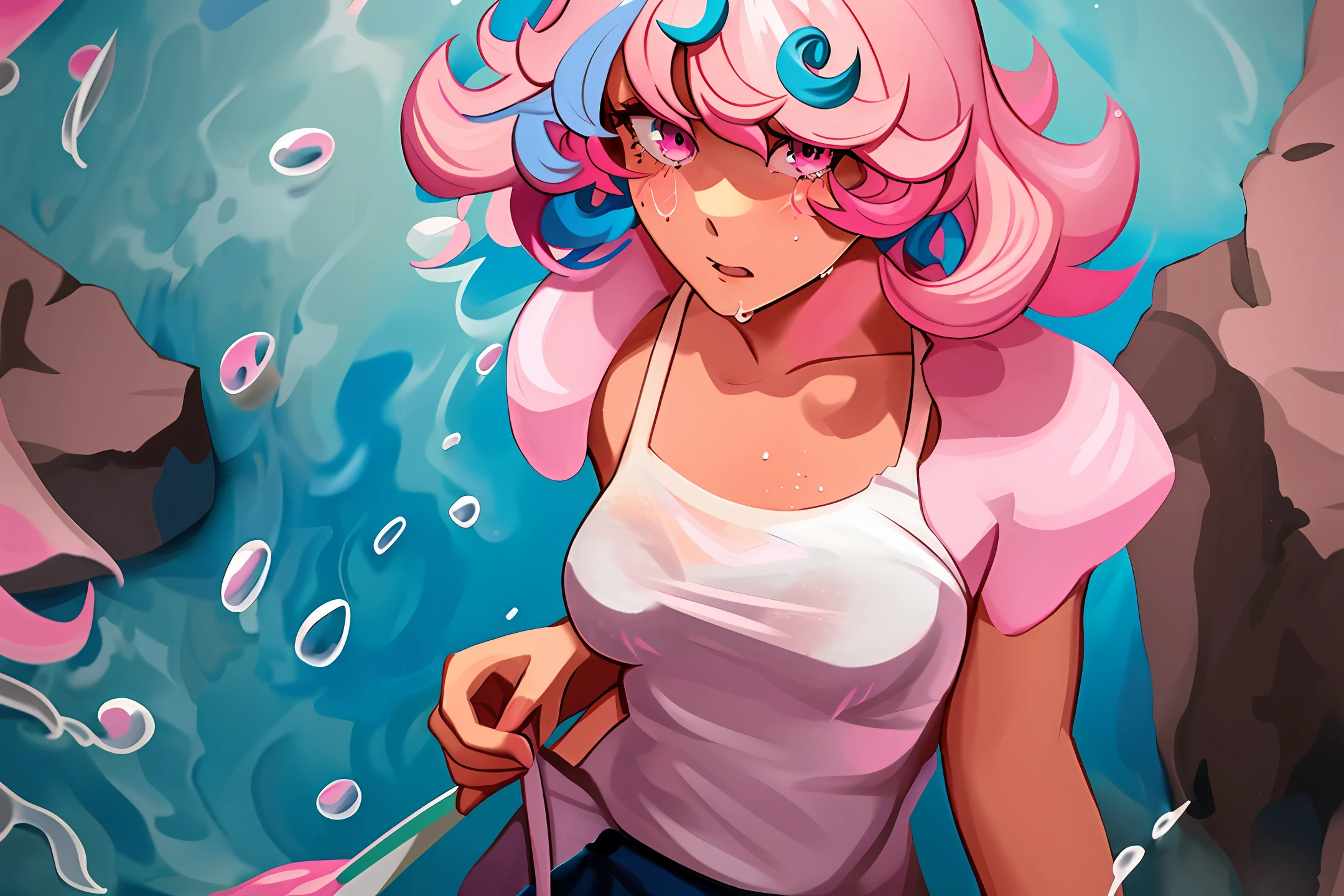 1girl,simple background,nsfw,(pants),messy,cum on bodyl),wet,mist,stream,crying medium breast,short curly messy hair,(blue hair),((pink medium hair)),beautiful aqua gradient blue and pink eyes(torn.clothes)l,nude,white clothes,streaming tear,upper body