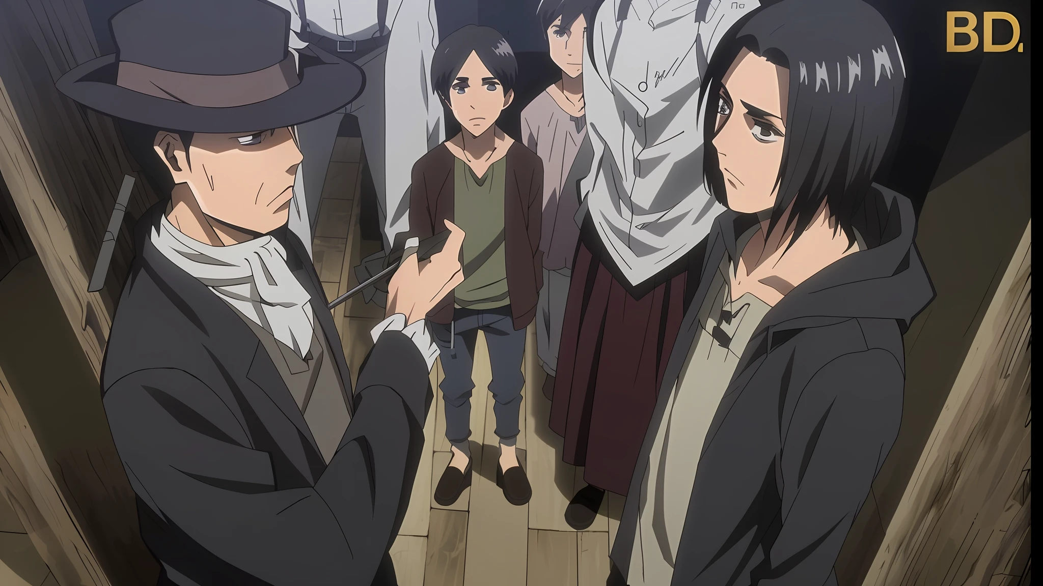 best quality, masterpiece, (realistic: 1.2), 1 man, Eren Jaeger, black jeans, black pants, brown hair, attack on Titan, cold background, black jacket, slim body, high definition, high quality, black clothes