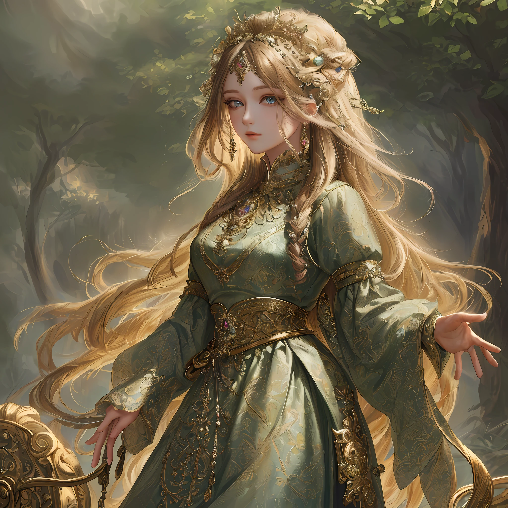 (masterpiece, best quality, extremely detailed CG, gorgeous detailed eyes, ultra-detailed intricate details: 1.2), 8k wallpaper, elaborate features, (1girl, solo: 1.4), long hair, hair with locks, looking for viewer, piercing eyes, oil painting