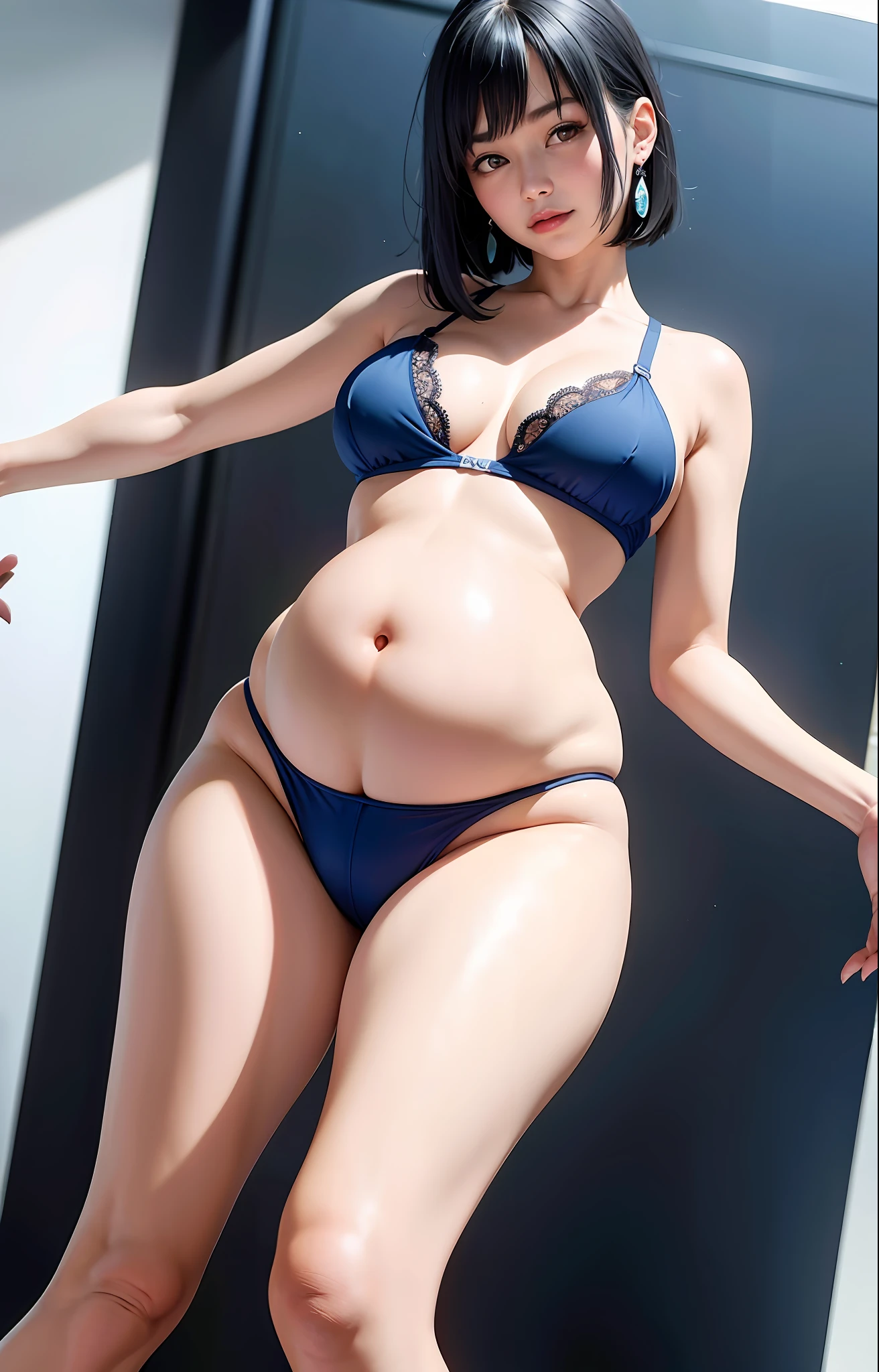 Best quality, ultra-high resolution, ultra-fine face and eyes, (fidelity: 1.4), 1 girl, girl, seen from behind, (transparent bra: 1.3), (dark blue: grey hair: 1.4), look at the audience, smile, cute, huge ass, (ray tracing: 1.4), (long legs: 1.4), large breasts, thin waist, pregnant woman, pregnancy, big belly, vacuum underwear, transparent, girl, young, big belly, no pants, large bust, Large belly, oversized belly, oversized buttocks, vest line, bodybuilding, pregnant twin belly, sweating, nube, naked, nude, belly dancing
