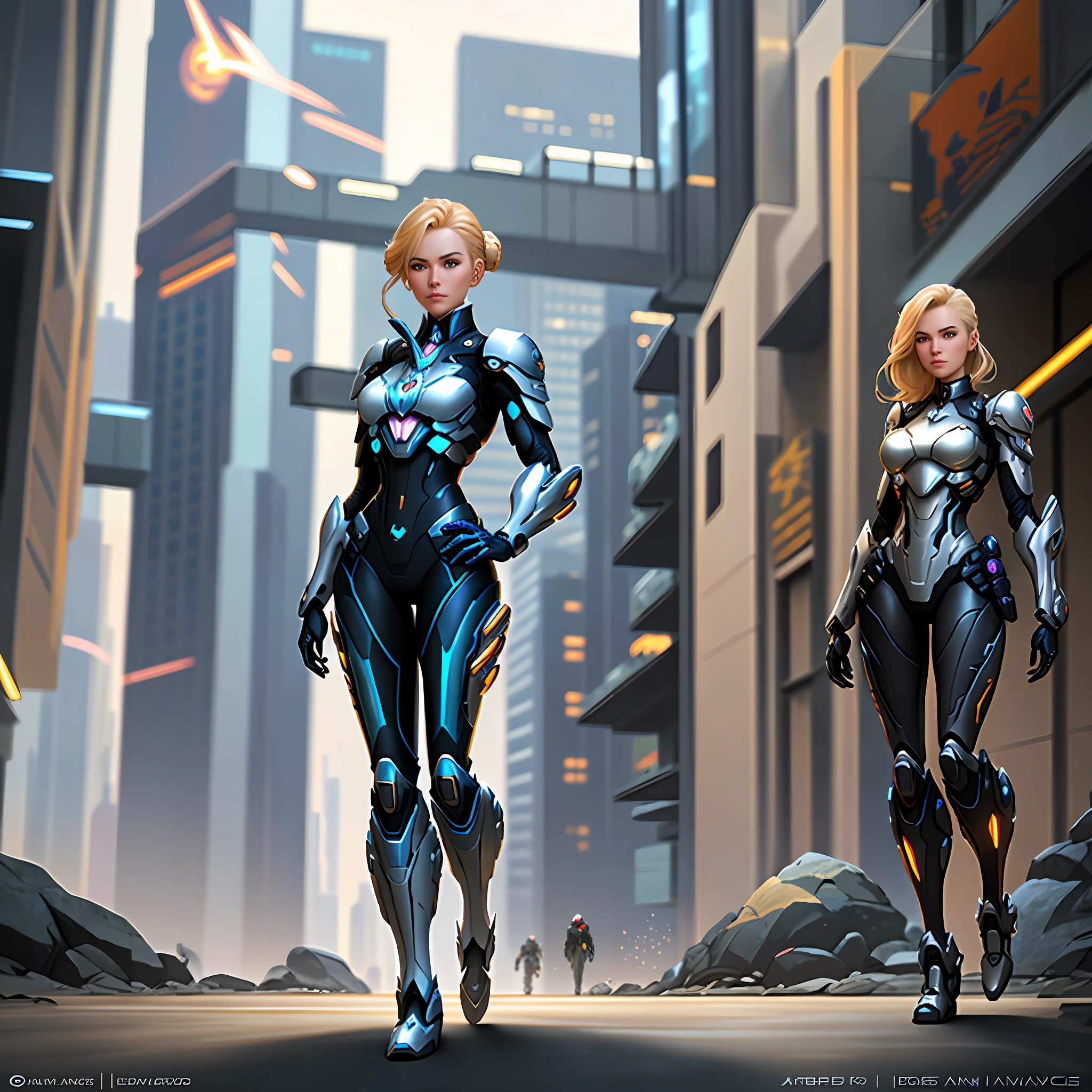 blond haired woman in futuristic suit standing in a city, girl in mecha cyber armor, artgerm julie bell beeple, mermaid cyborg with a laser whip, cushart krenz key art feminine, armor girl, karol bak uhd, artgerm craig mullins, cyborg girl, krenz cushart and artgerm, mechanized valkyrie girl