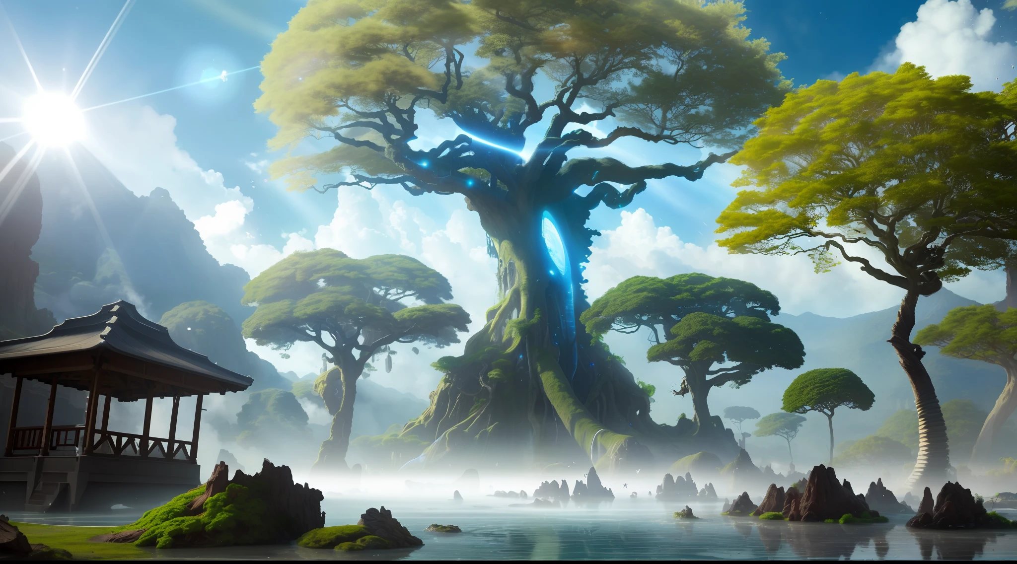 Masterpiece, best quality, high quality, highly detailed CG unity 8k wallpaper, surreal giant cyan rain tree in a futuristic prehistoric village, splashing water, sandy debris, lens flare, sun axis, fluffy clouds, ultra detailed, HDR, bloom, photorealistic, ultra detailed