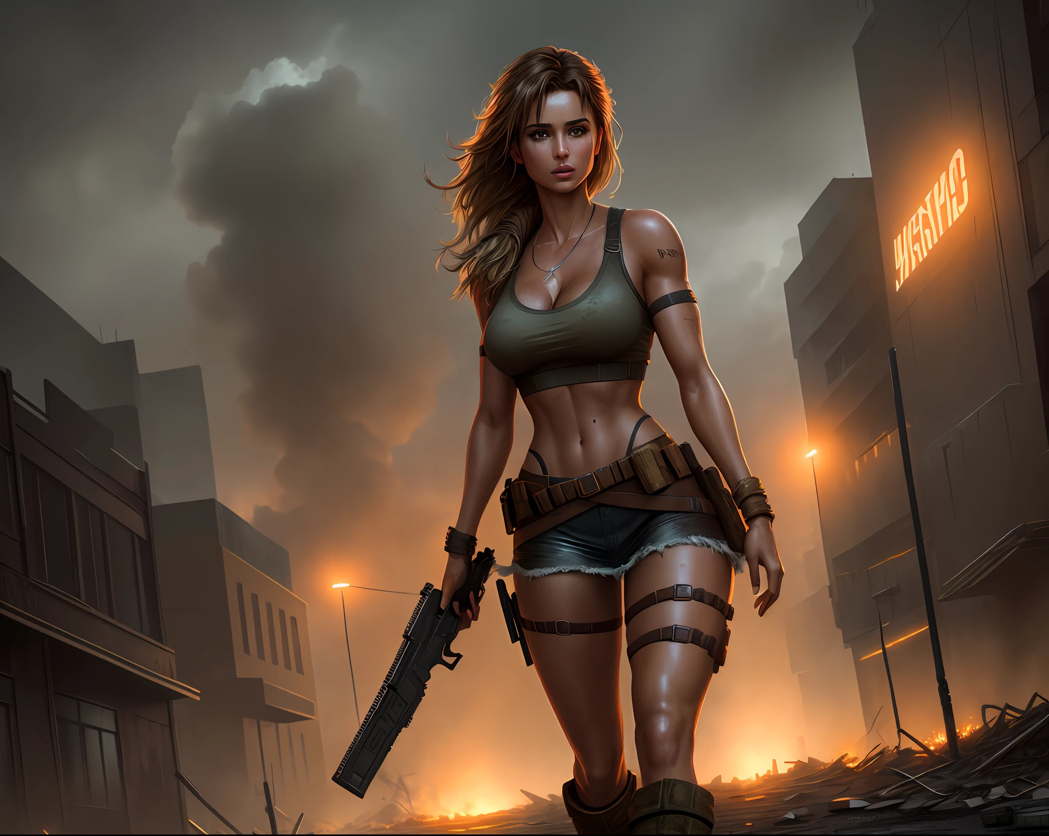 Taylor Hill version Lara Croft in deserted city destroyed apocalyptic scenery at night, well detailed, medium chest, thick legs, blonde hair, fog cinematic effect realistic style, richness of detail, ultra detailed depth of field Full HD 8K masterpiece.