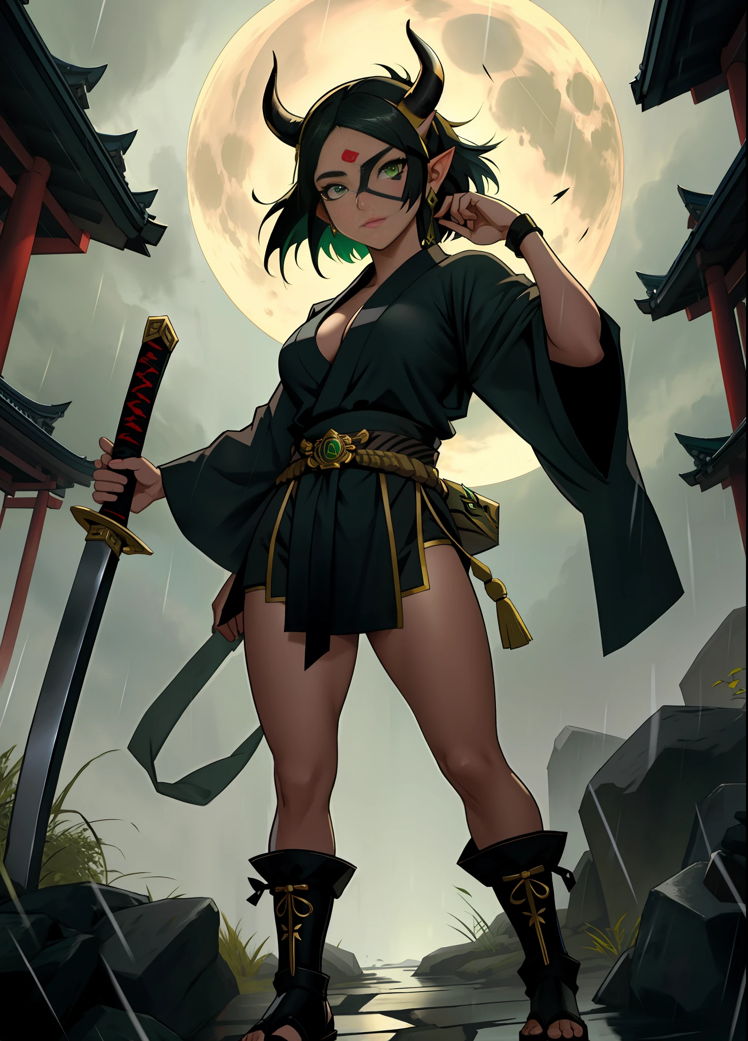 full body, Standing, Princess Zelda as Shinobi, costume all black with gold stripes, she has large breasts, (short black hair), ((wearing Oni mask on her face)), cut scar over right eye, (green eyes), a katana attached to her waist, blood all over her clothes, In a macabre ancient temple with a very heavy rain with a full moon in the sky, Anime, masterpiece, 16k, award winning, best quality, high details, UHD, masterpiece, anatomically correct