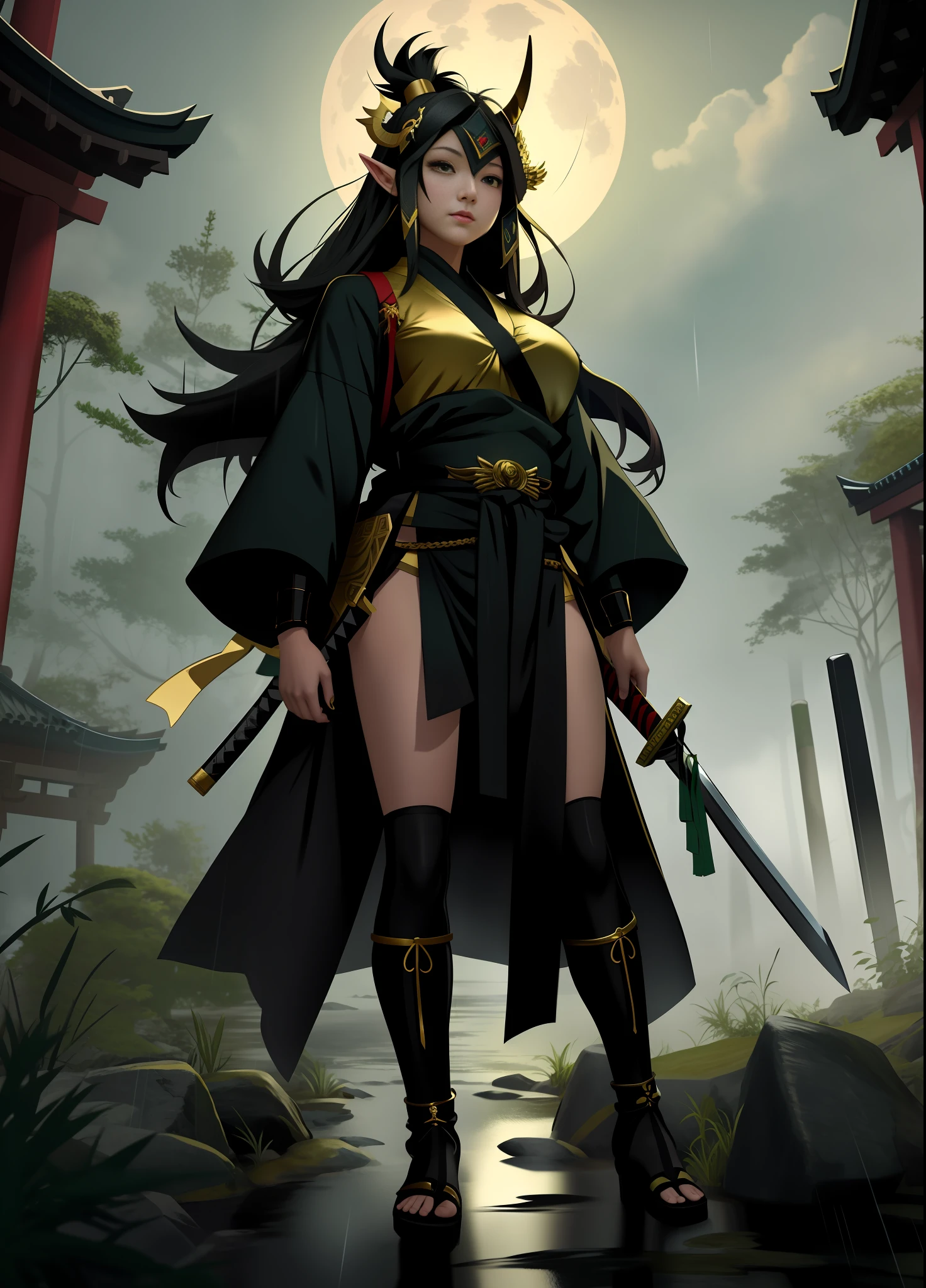 full body, Standing, Princess Zelda as Shinobi, costume all black with gold stripes, she has large breasts, (short black hair), ((wearing Oni mask on her face)), cut scar over right eye, (green eyes), a katana attached to her waist, blood all over her clothes, In a macabre ancient temple with a very heavy rain with a full moon in the sky, Anime, masterpiece, 16k, award winning, best quality, high details, UHD, masterpiece, anatomically correct